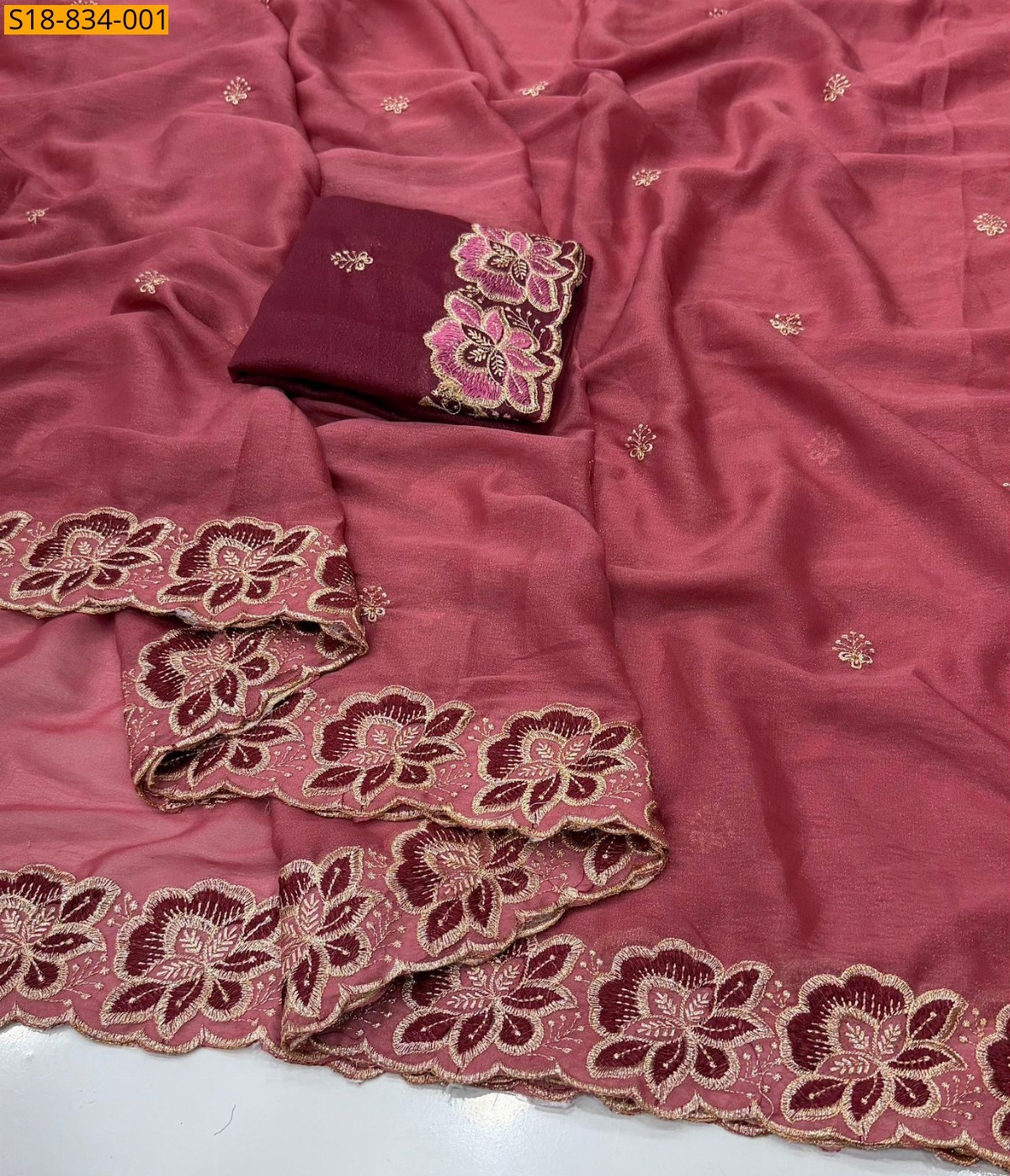 Peach Star Georgette Multi Emrodairy Work Saree