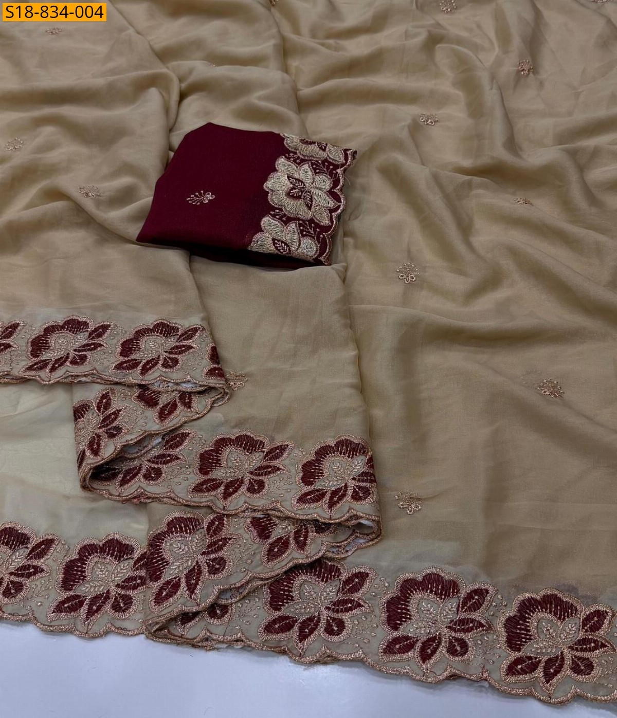 Cream Star Georgette Multi Emrodairy Work Saree