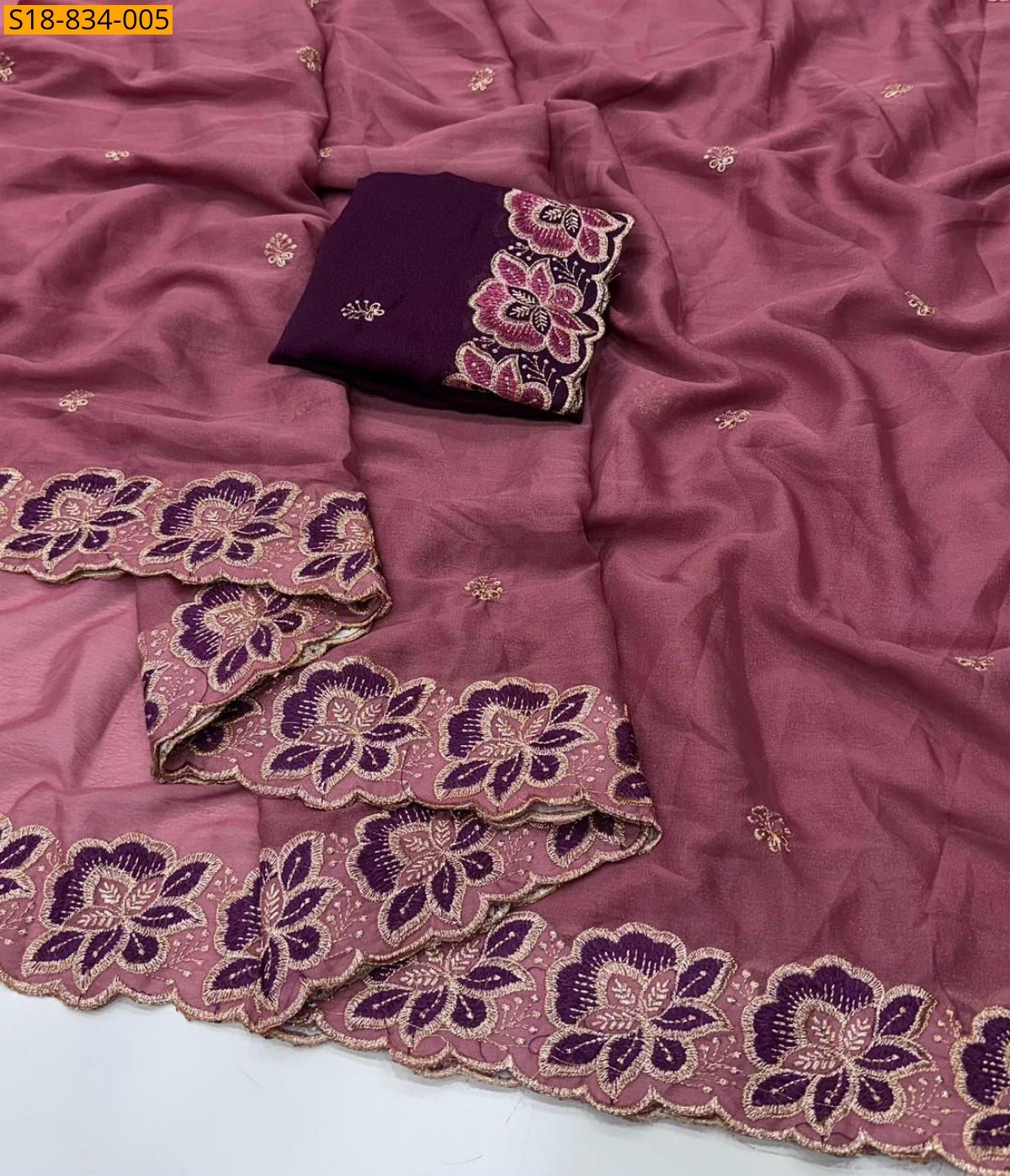 Onion Pink Star Georgette Multi Emrodairy Work Saree