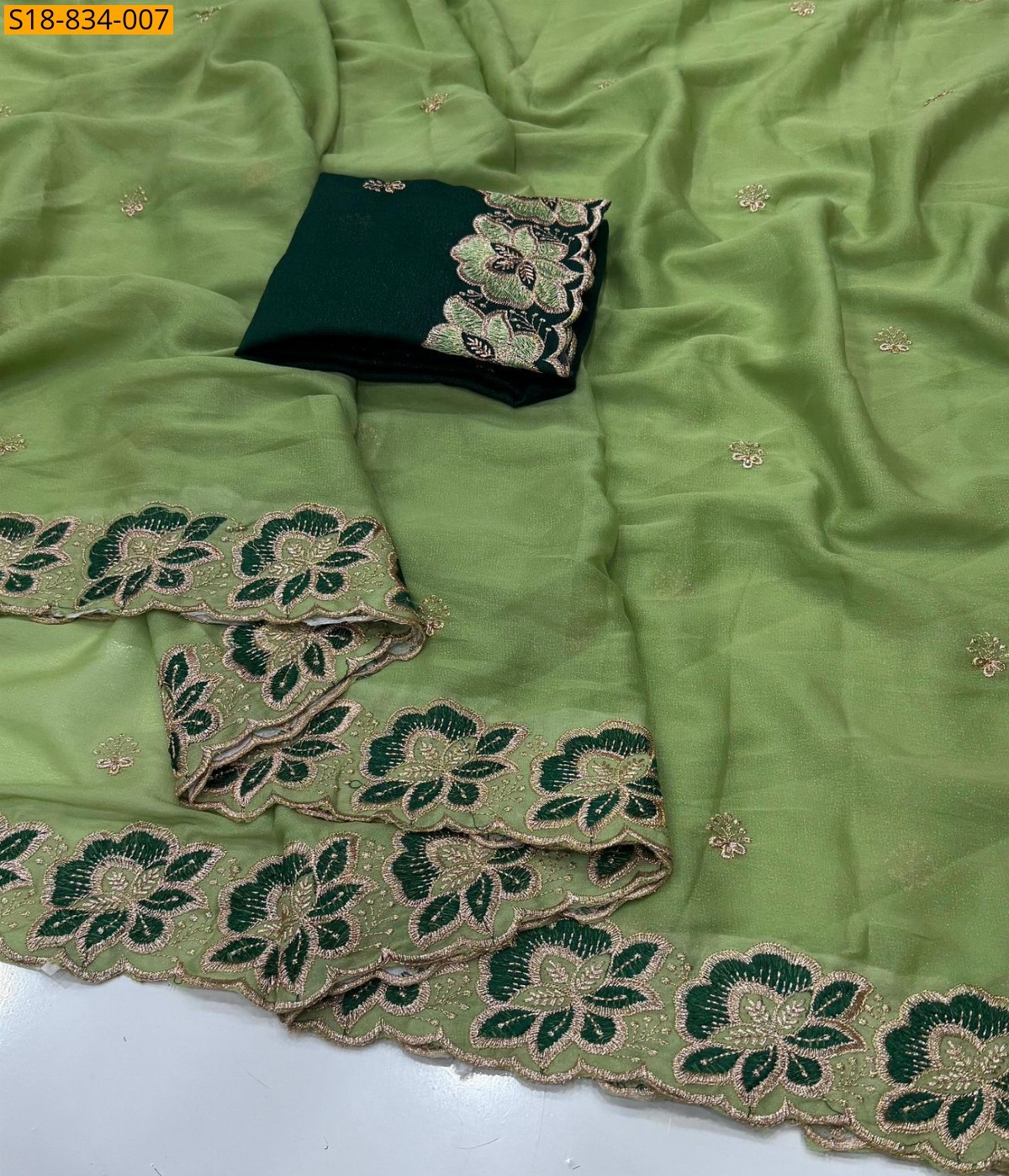 Green Star Georgette Multi Emrodairy Work Saree