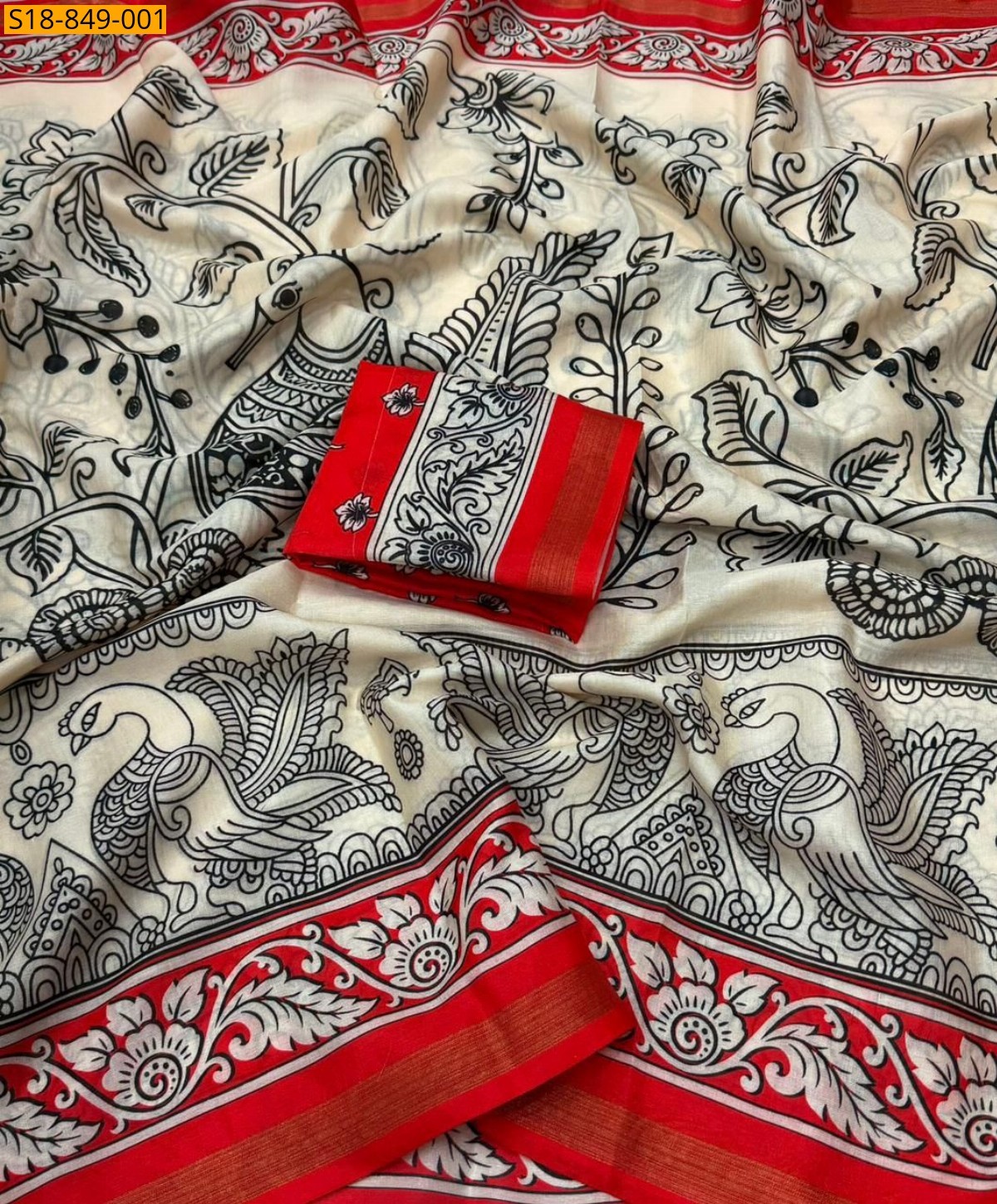 Red Fancy Mulmul Cotton Saree