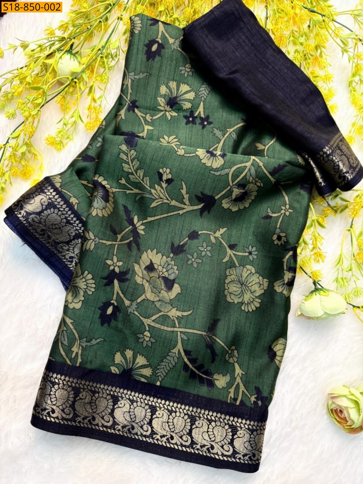 Green Fancy Soft bleck dola silk saree