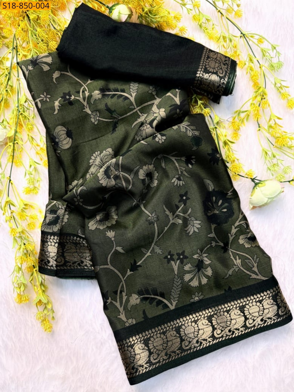 Dark Green Fancy Soft bleck dola silk saree