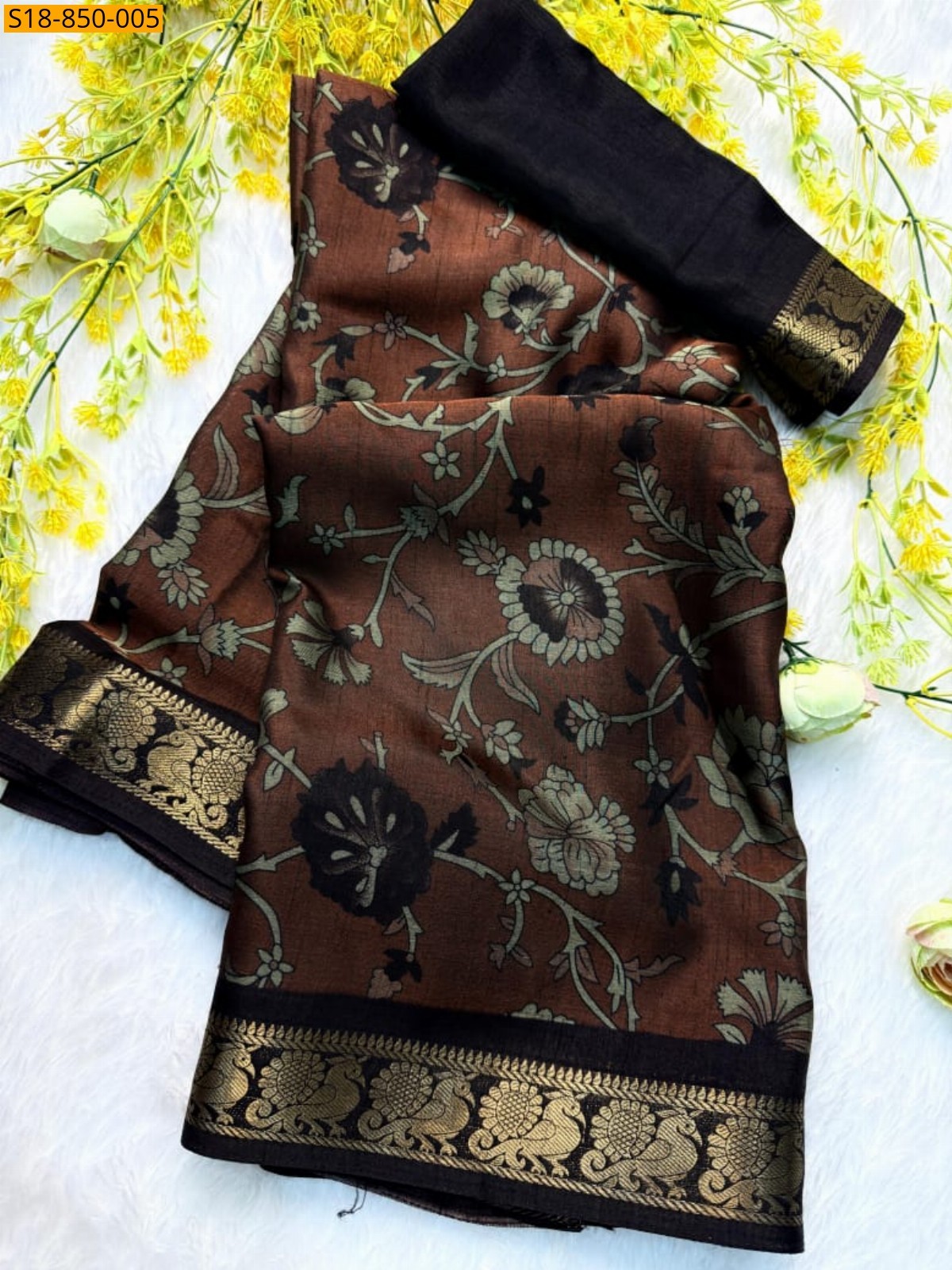 Brown Fancy Soft bleck dola silk saree