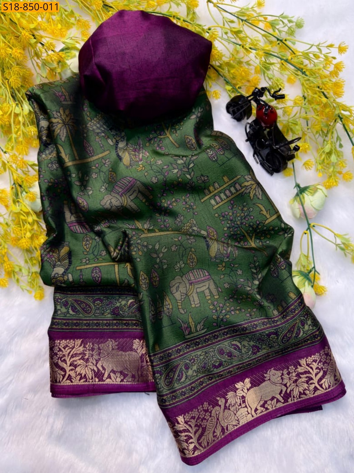 Green Fancy Soft bleck dola silk saree