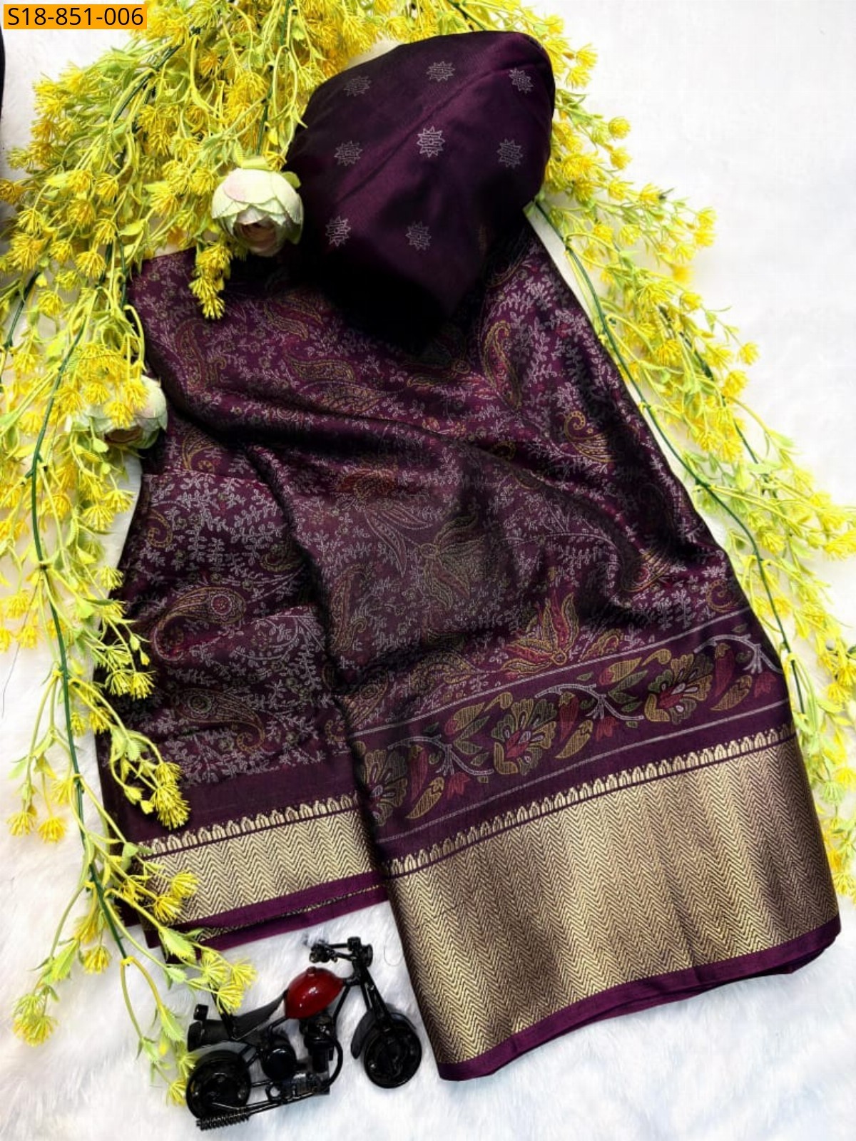Wine Fancy Soft bleck dola silk saree
