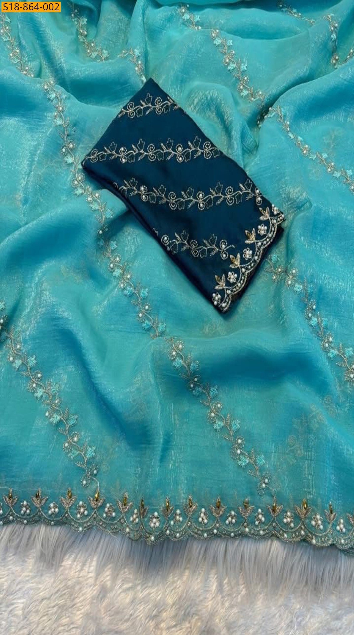 Sky Blue Fancy Soft chinnon Saree