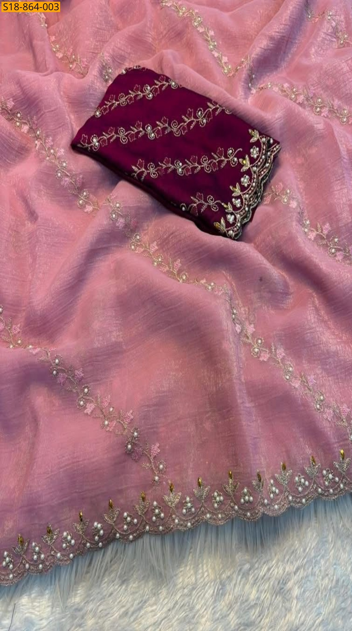 Pink Fancy Soft chinnon Saree