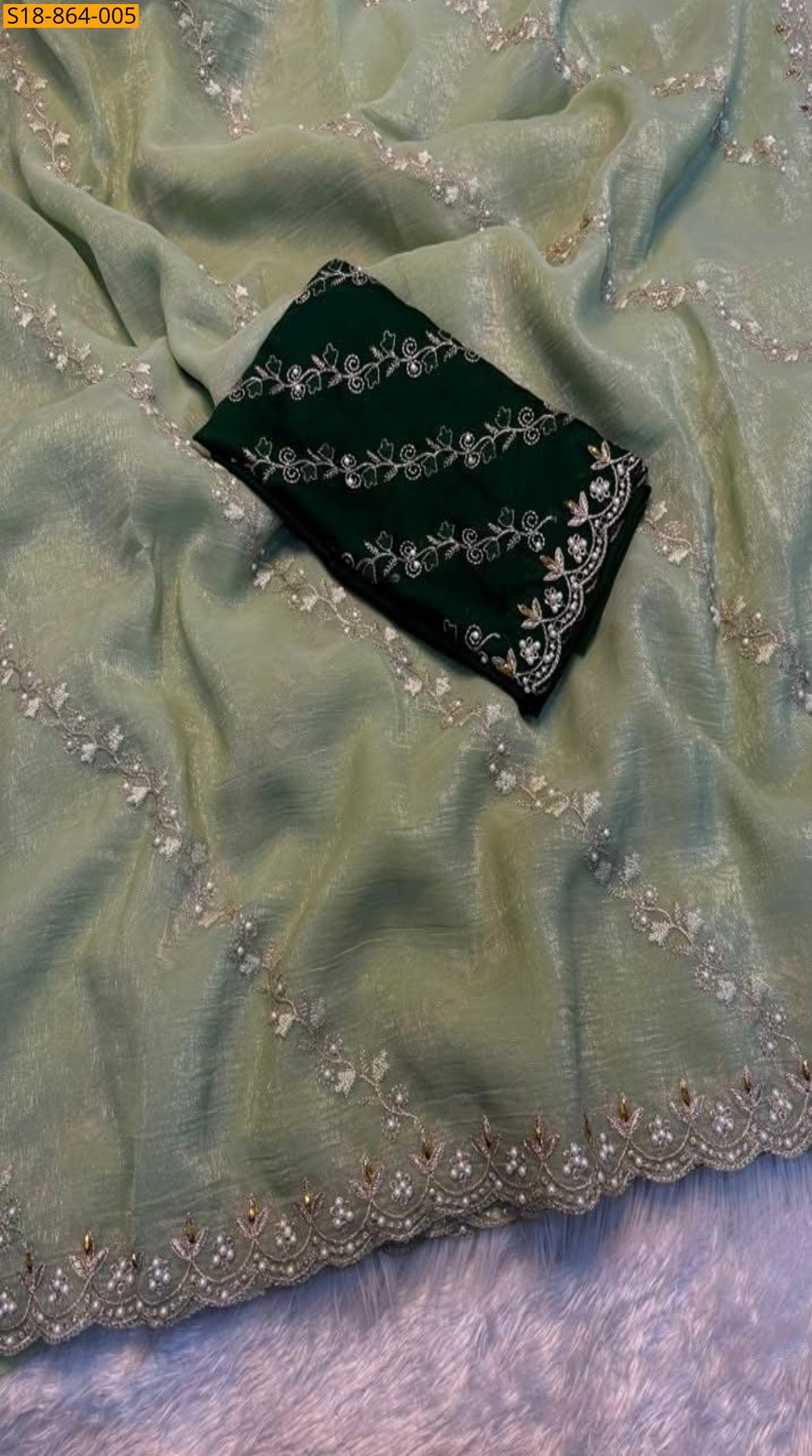 Green Fancy Soft chinnon Saree