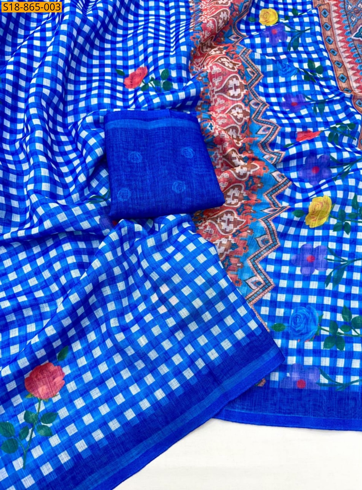 Rolye Blue Fancy Soft Linen mix cotton Saree