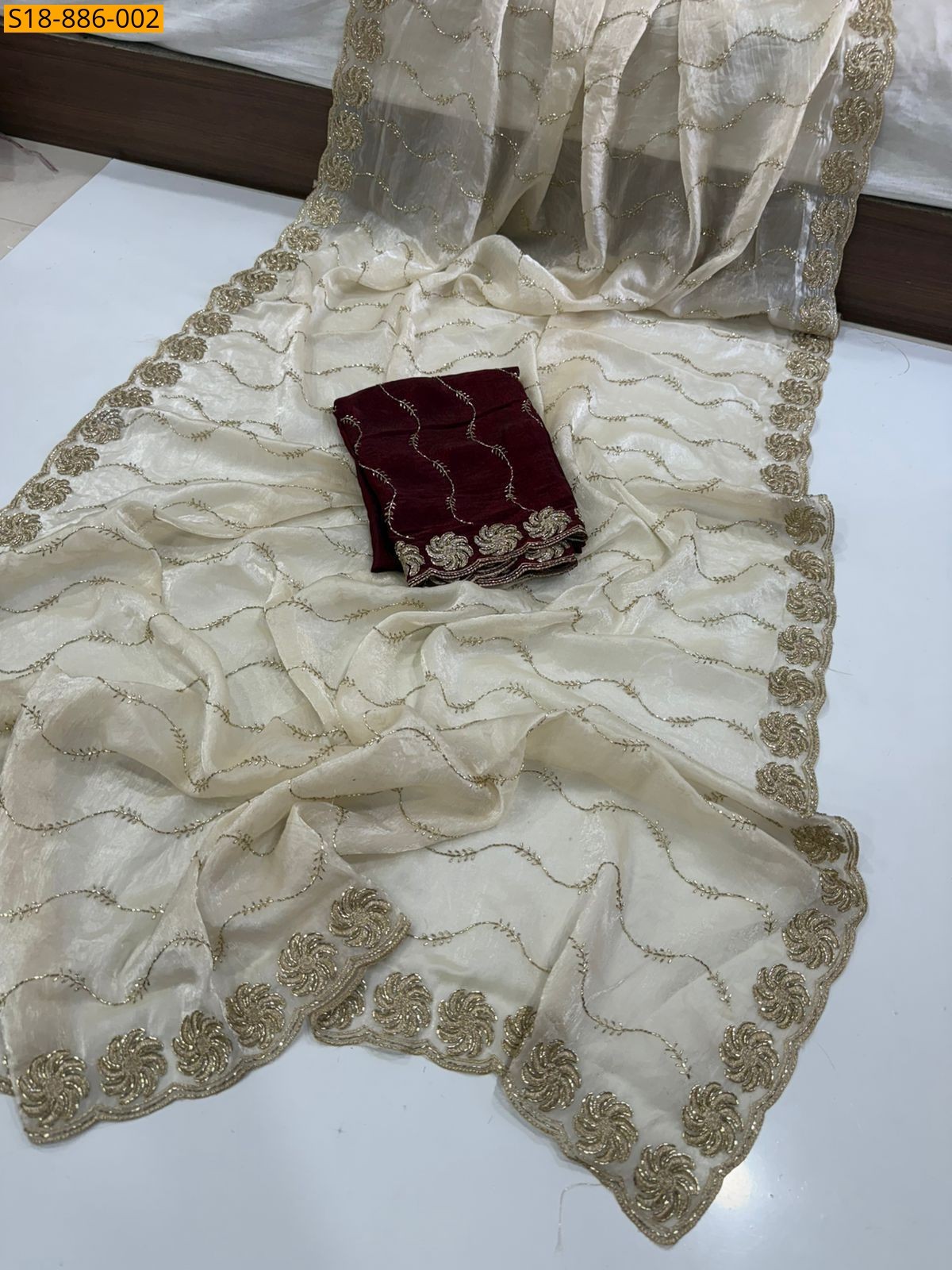 Fancy Space Satin Saree - Half White