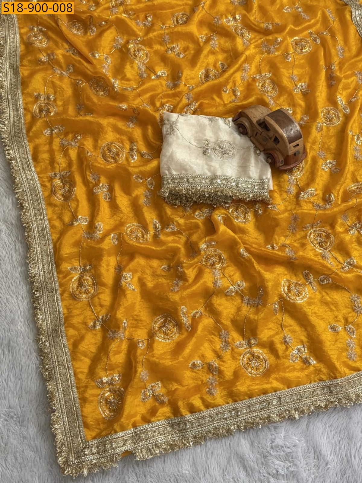 Yellow Fancy Space Sattin saree
