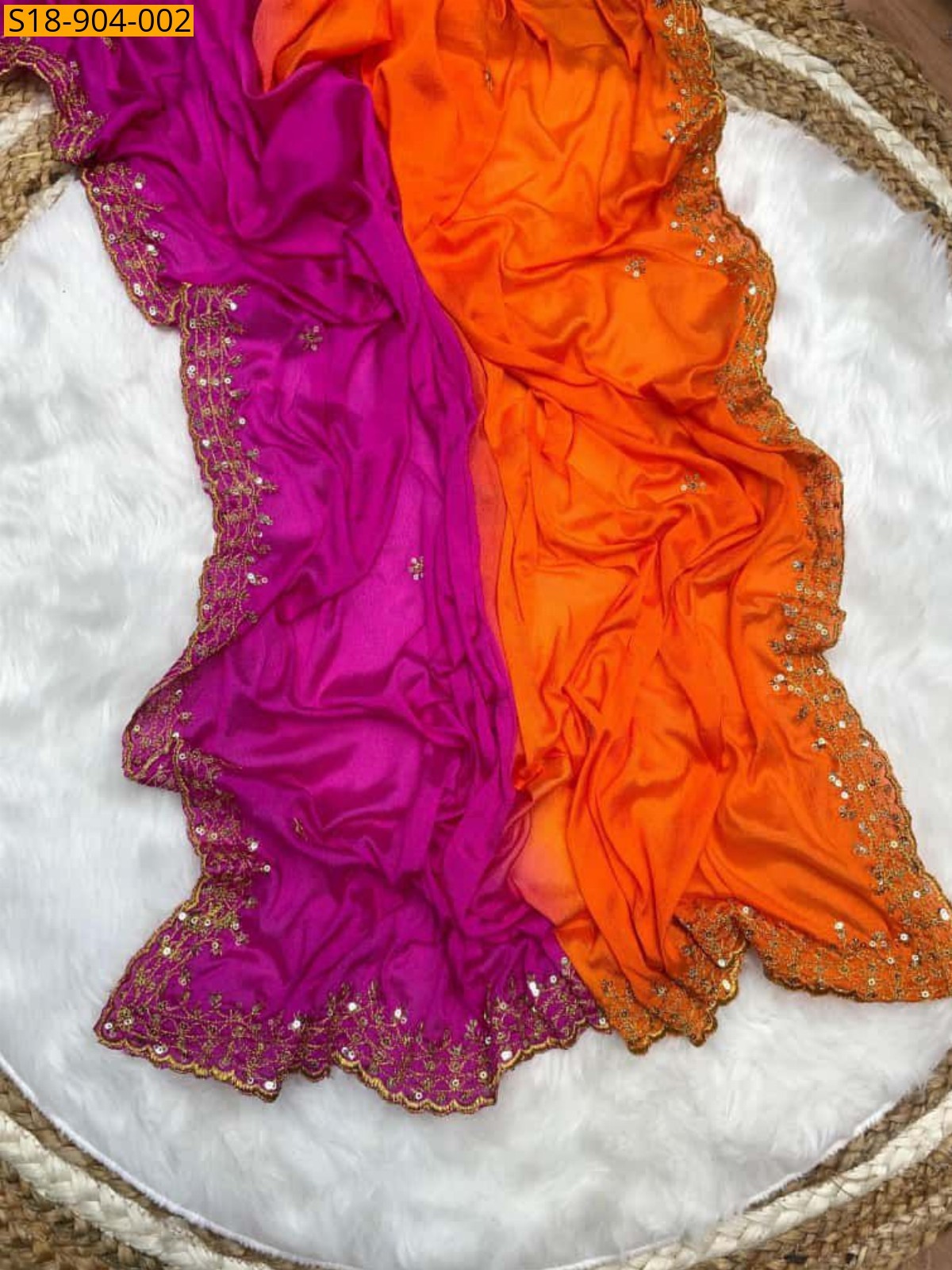Orange With Pink Fancy Chinnon saree