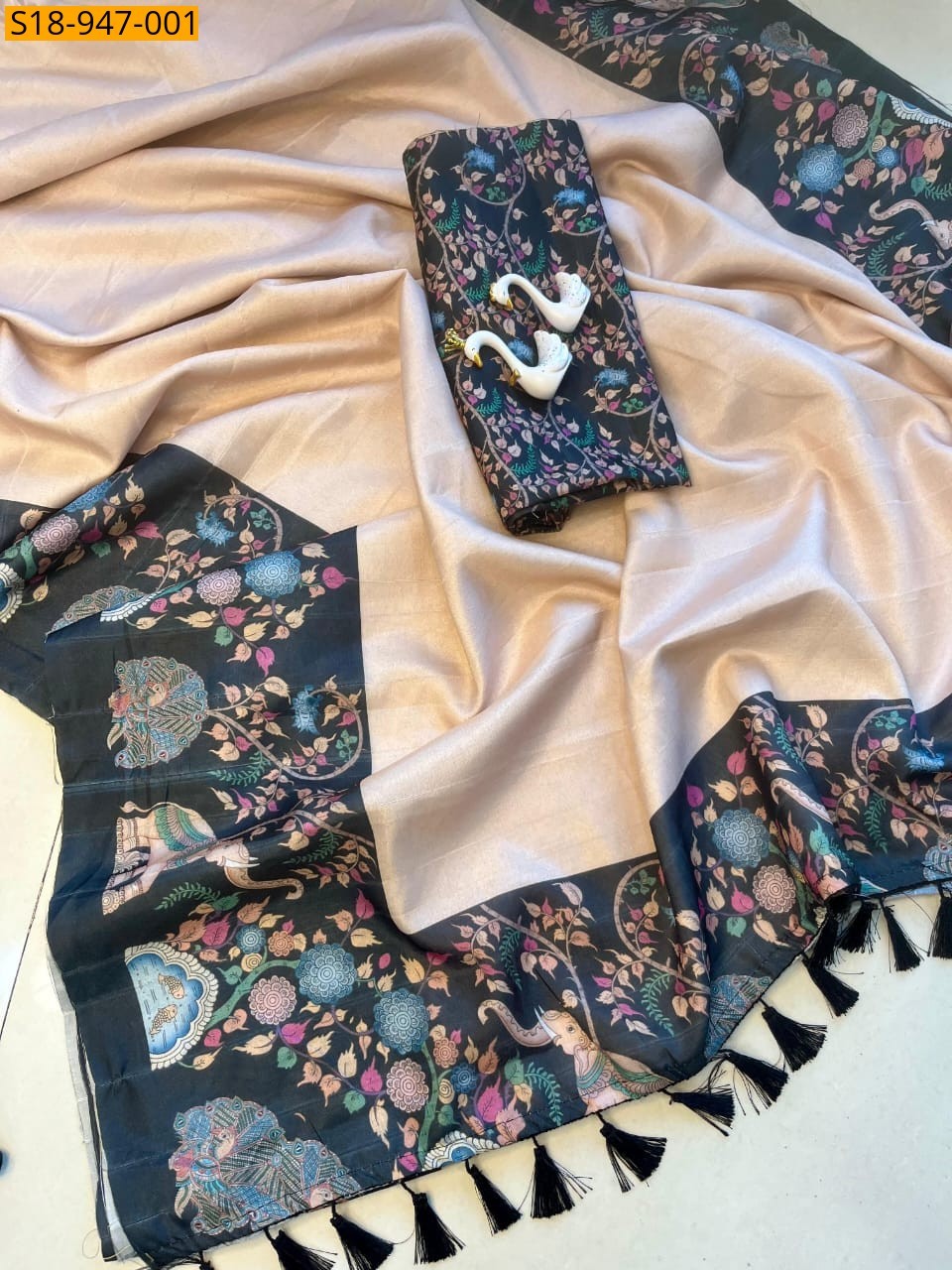 Cream Fancy Tussar Silk Saree