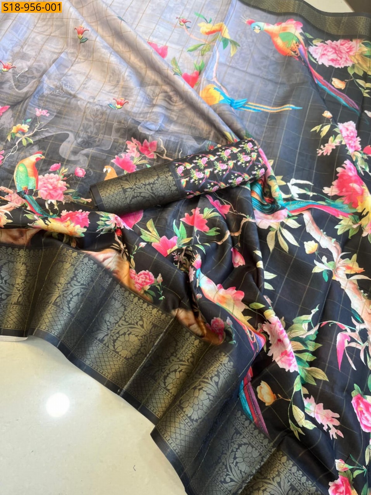 Gray Fancy Soft Chenderi Checks Saree