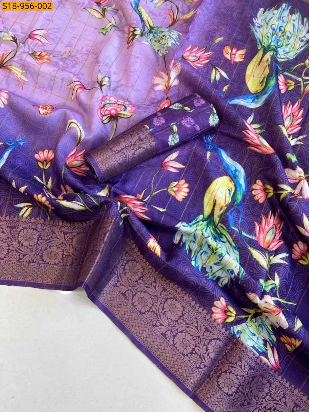 Lavender Fancy Soft Chenderi Checks Saree