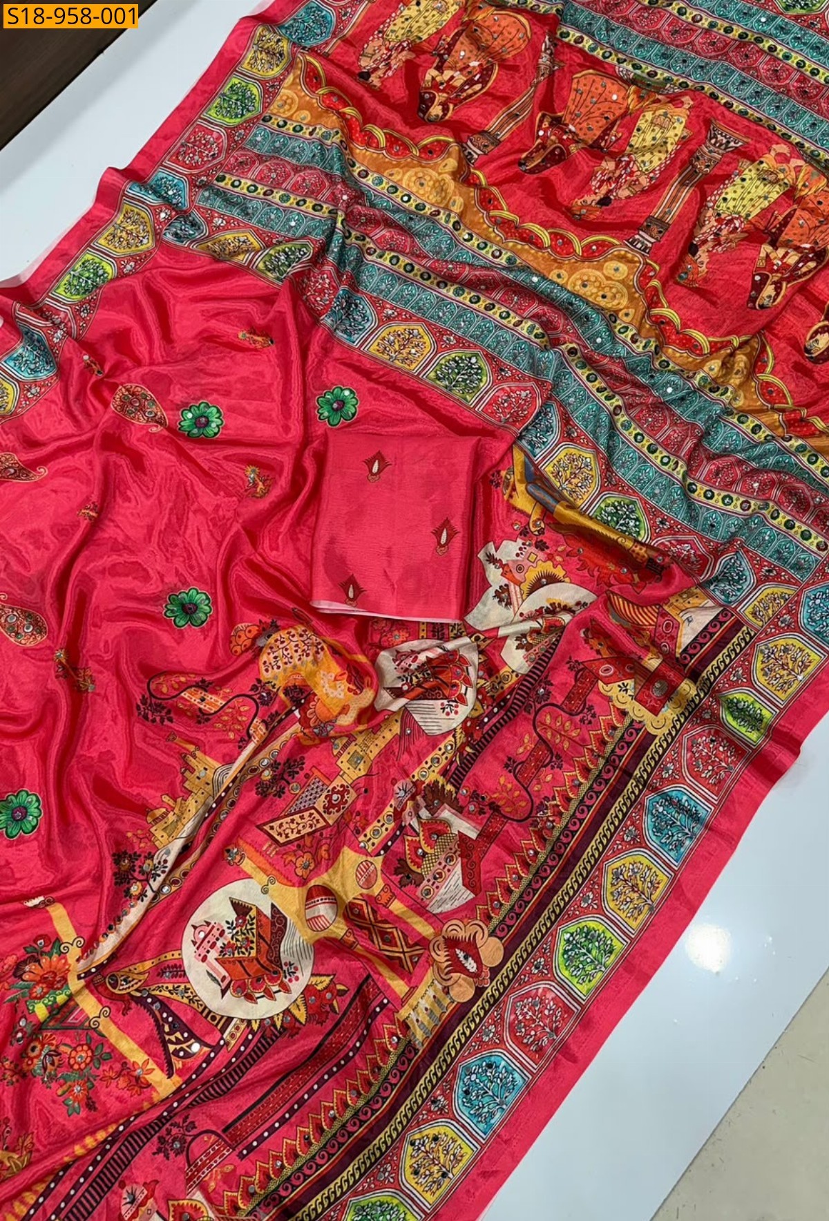 Red Fancy Chinnon Saree