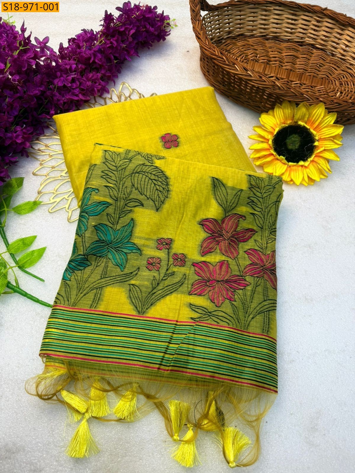 Yellow Fancy Soft Muga Cotton Saree