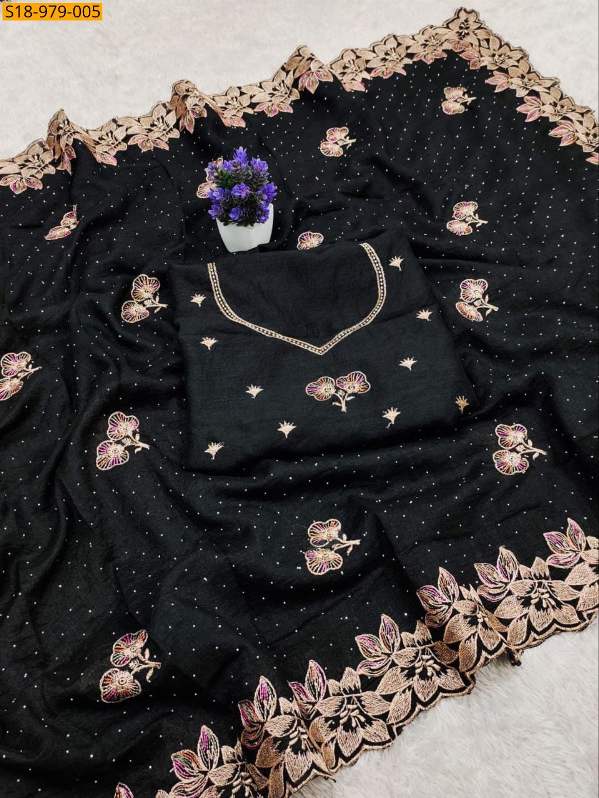Black Fancy Vichitra Silk Sarees