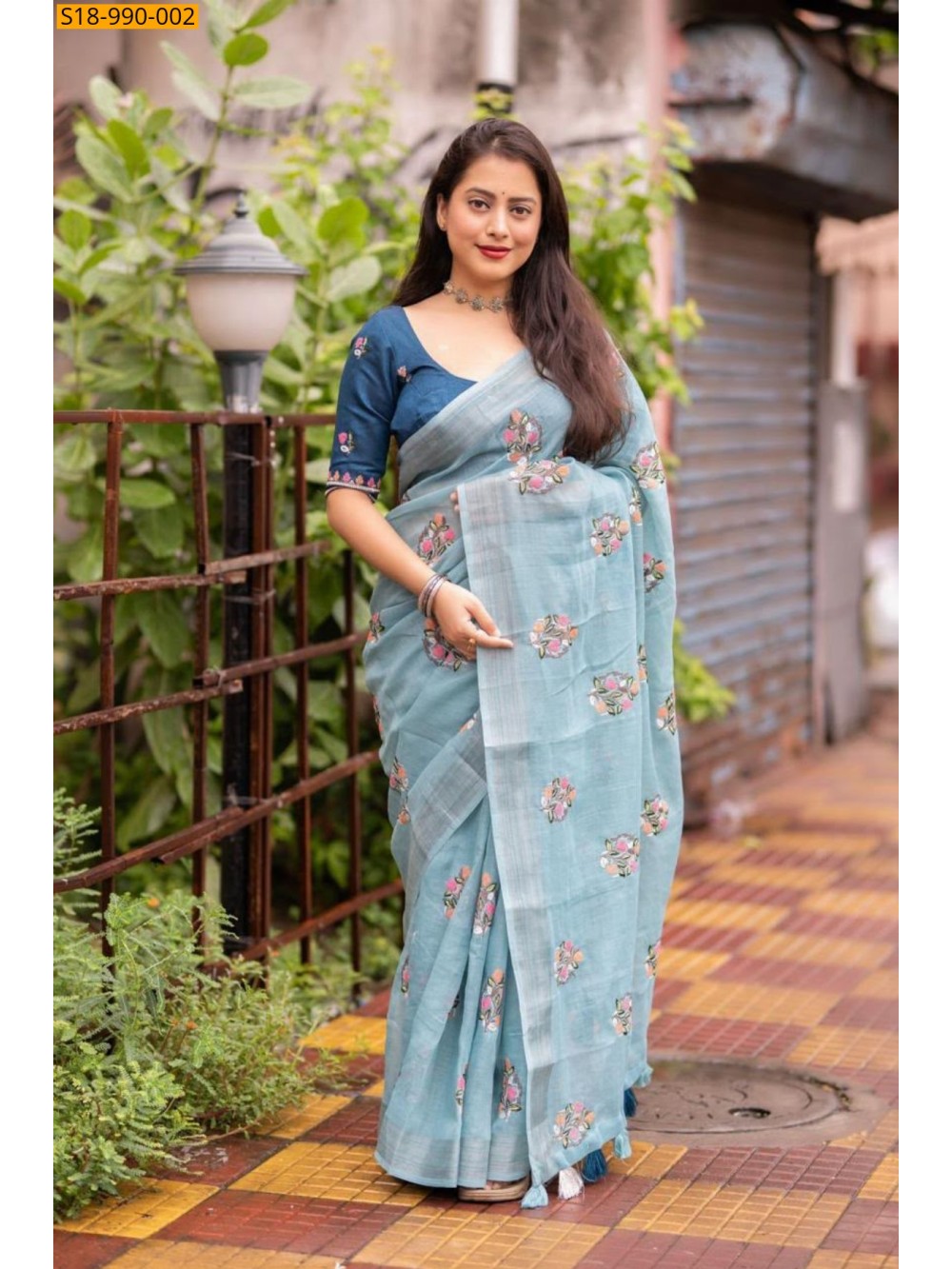 Teal Blue Fancy Linen Saree Teal Blue Fancy Linen Saree