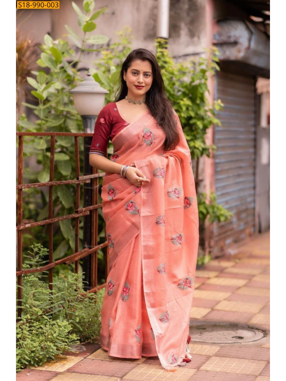Peach Fancy Linen Saree Peach Fancy Linen Saree