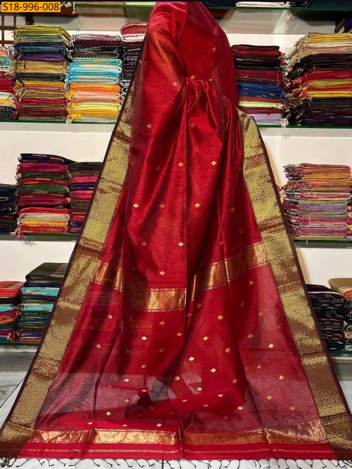 Red Fancy Maheshwari Cotton Silk Saree