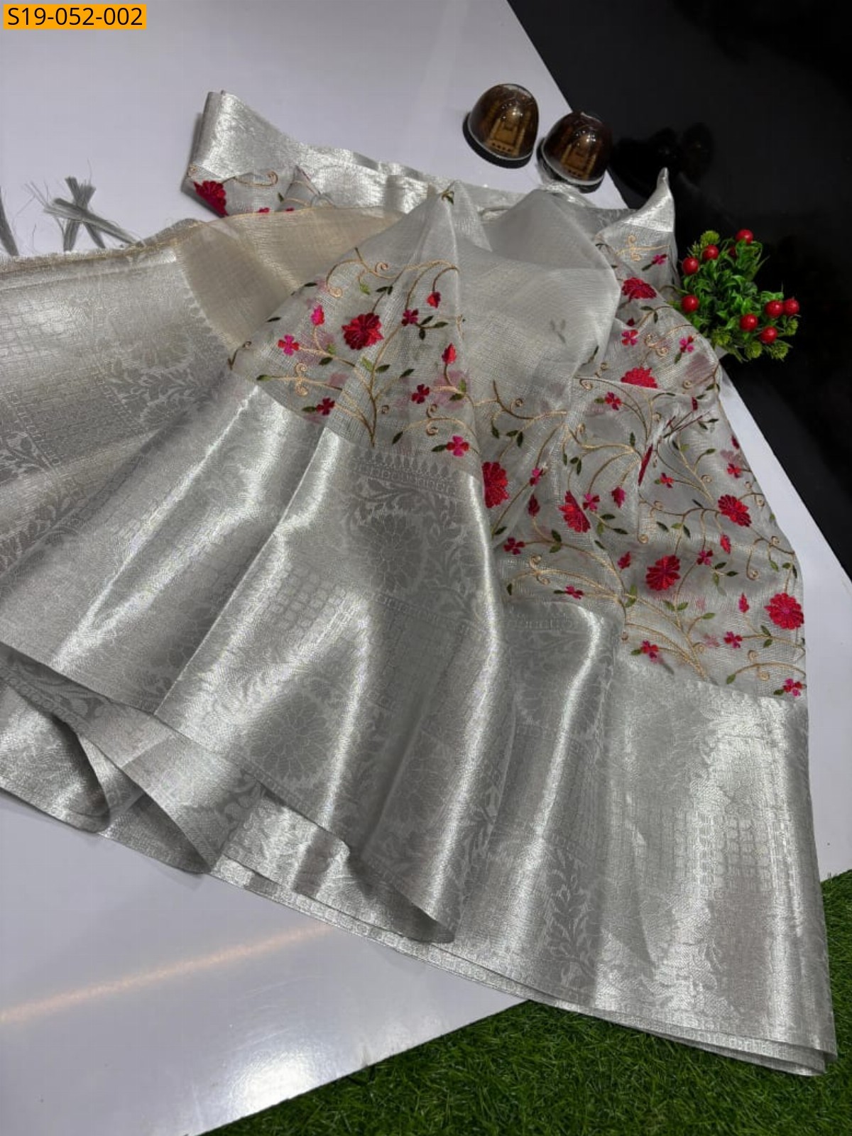 Silver Banarasi soft tissue saree