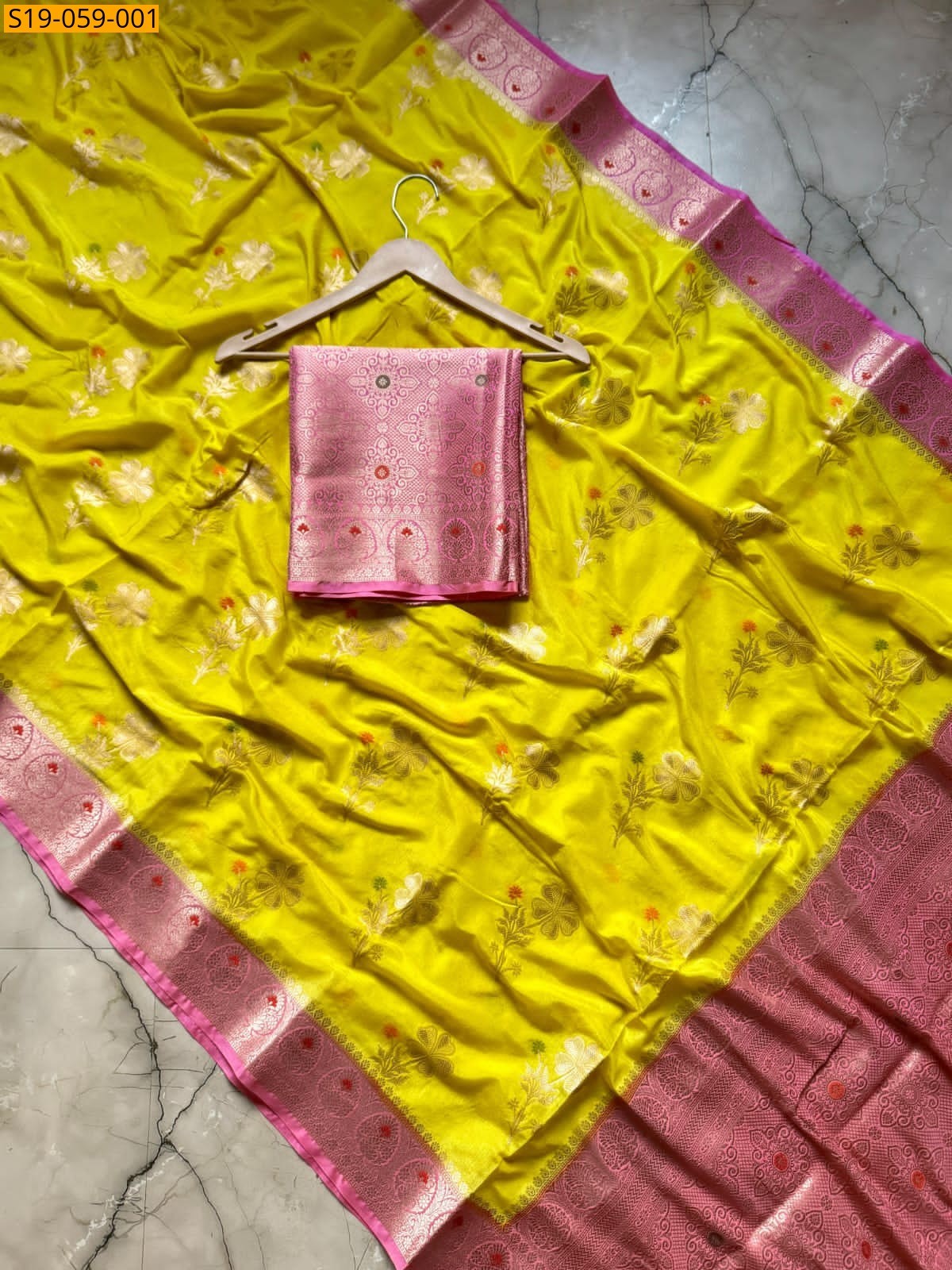 Yellow Banarasi katan soft silk sarees