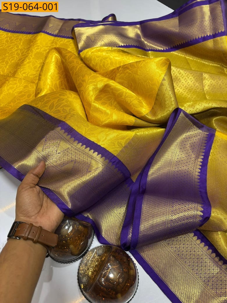 Yellow Banarasi silk tissue saree