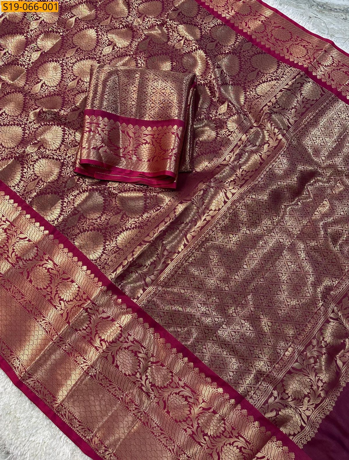Maroon Banarasi silk tissue saree