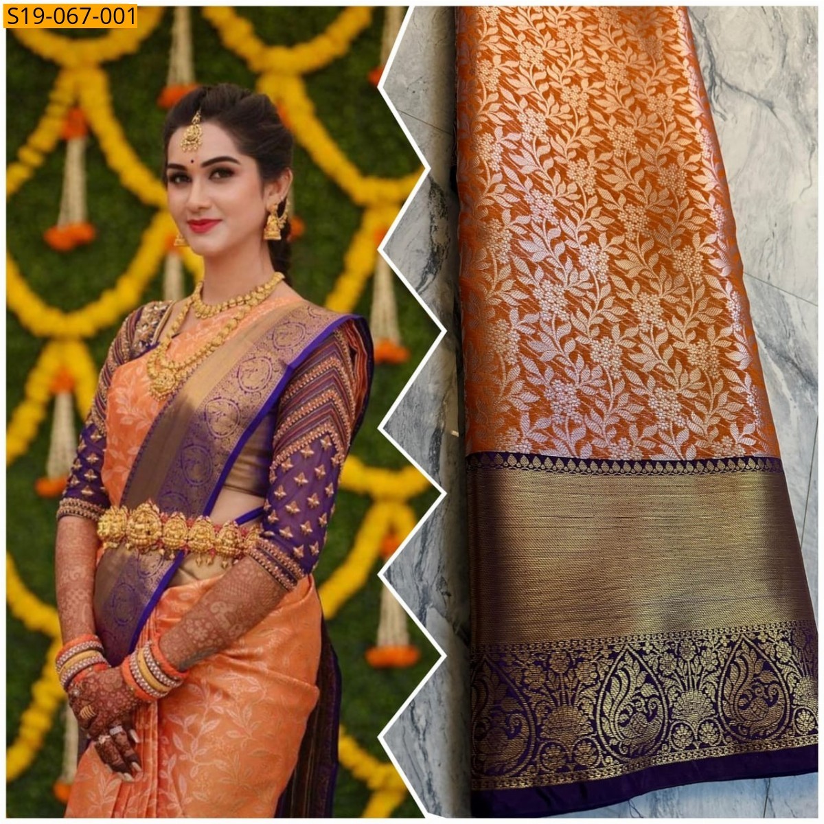 Orange Banarasi silk tissue saree