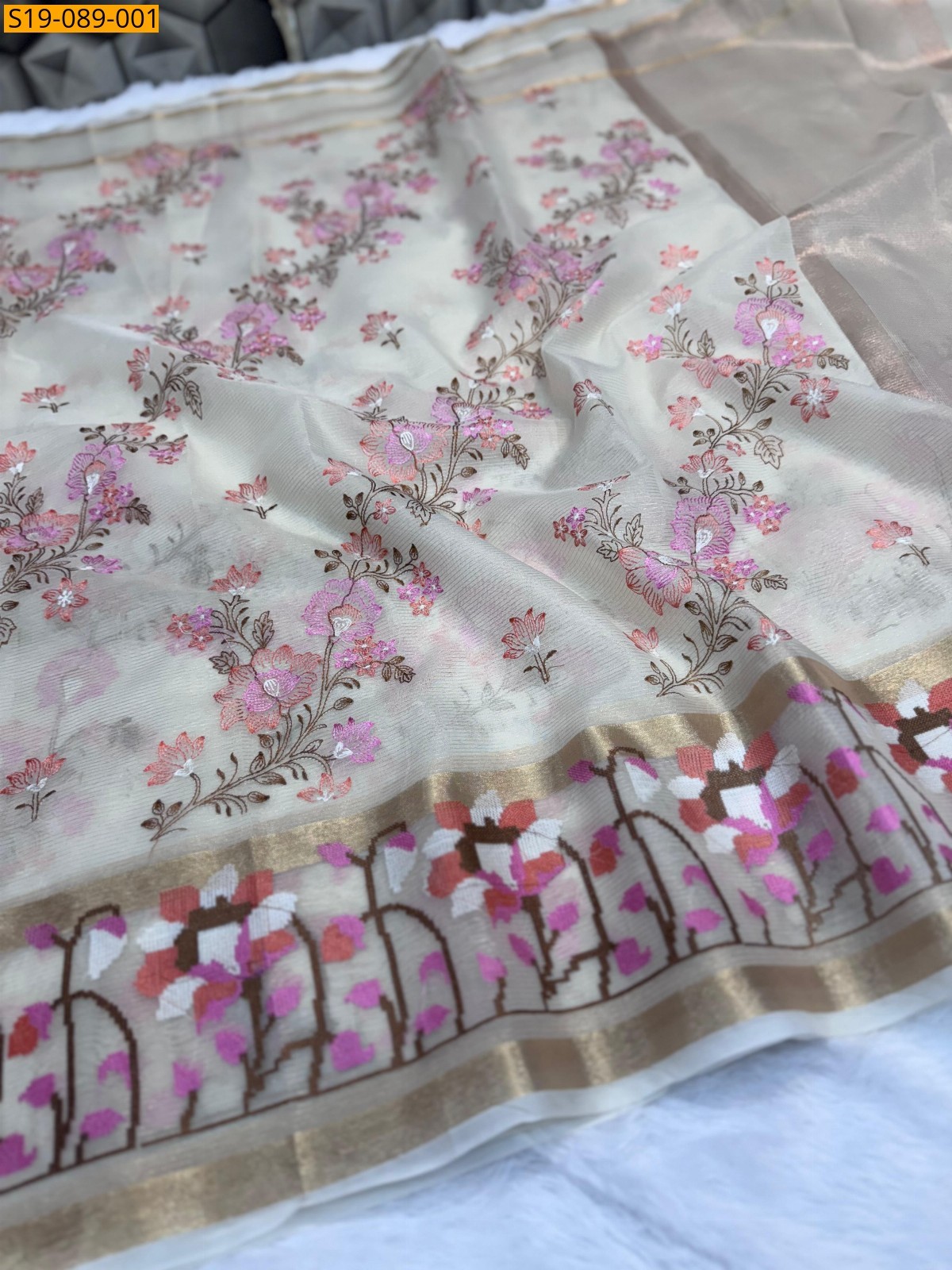 Half white Banarasi soft tissue silk kota check sarees