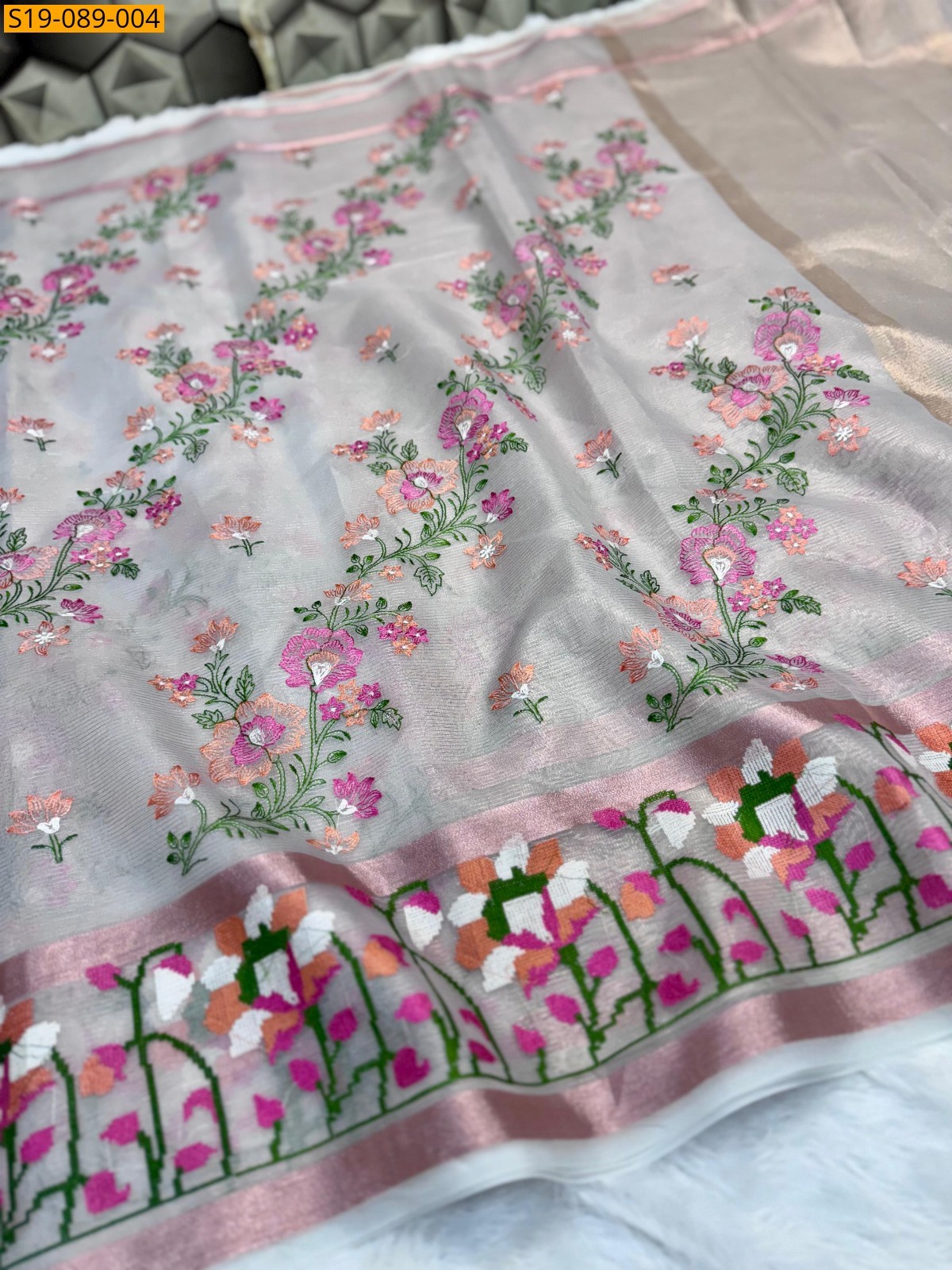 Gray Banarasi soft tissue silk kota check sarees