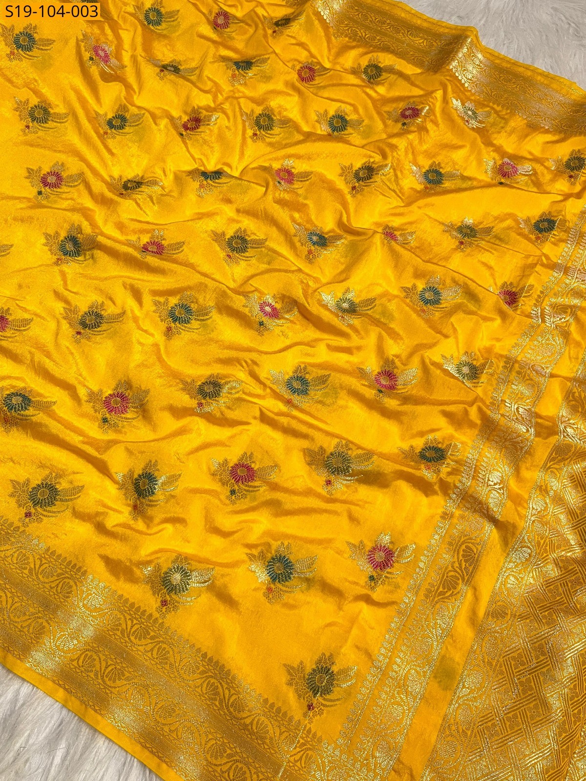 Yellow Banarasi katan soft silk saree