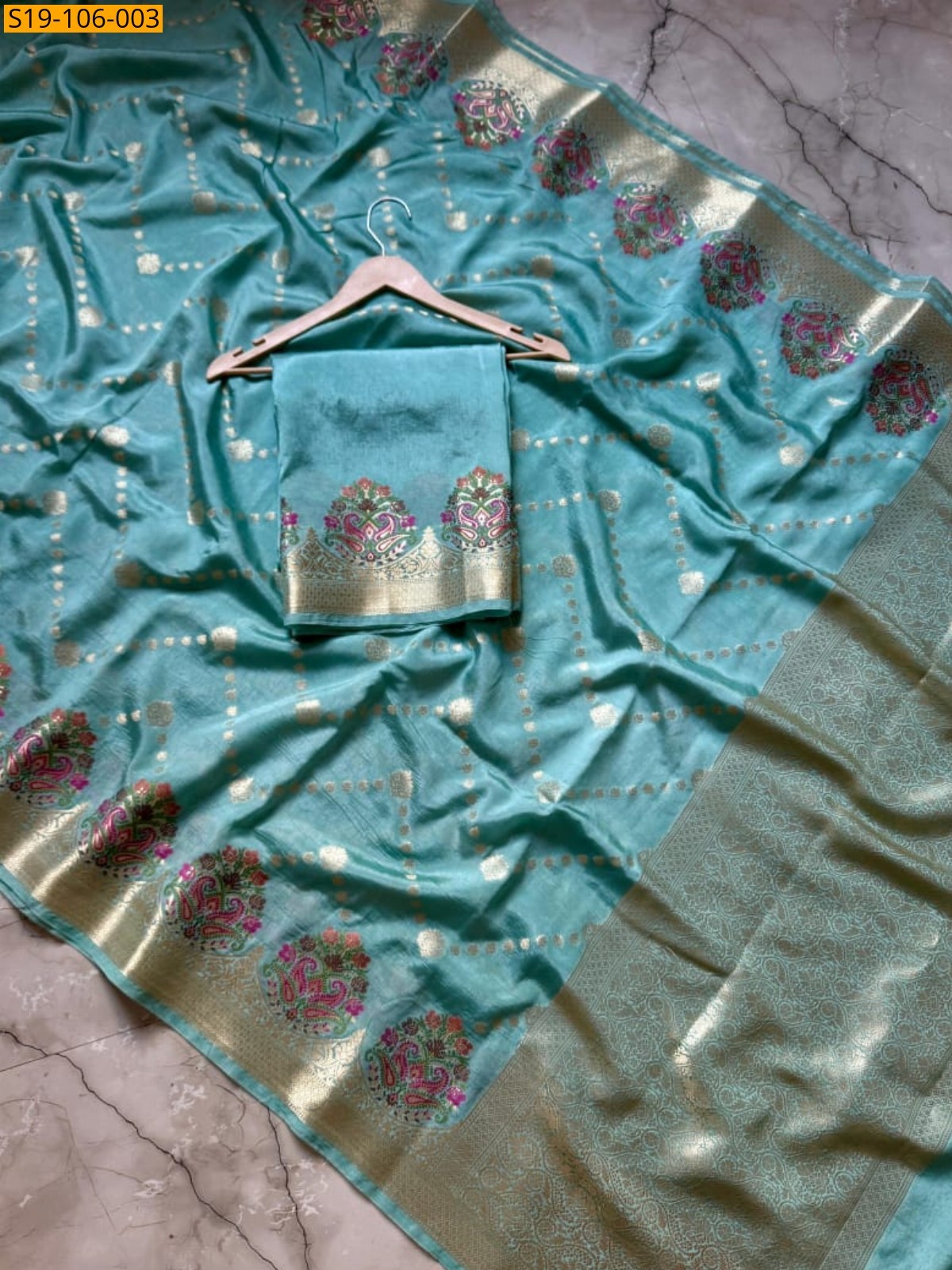 Sky blue Banaras semi georgette soft silk saree