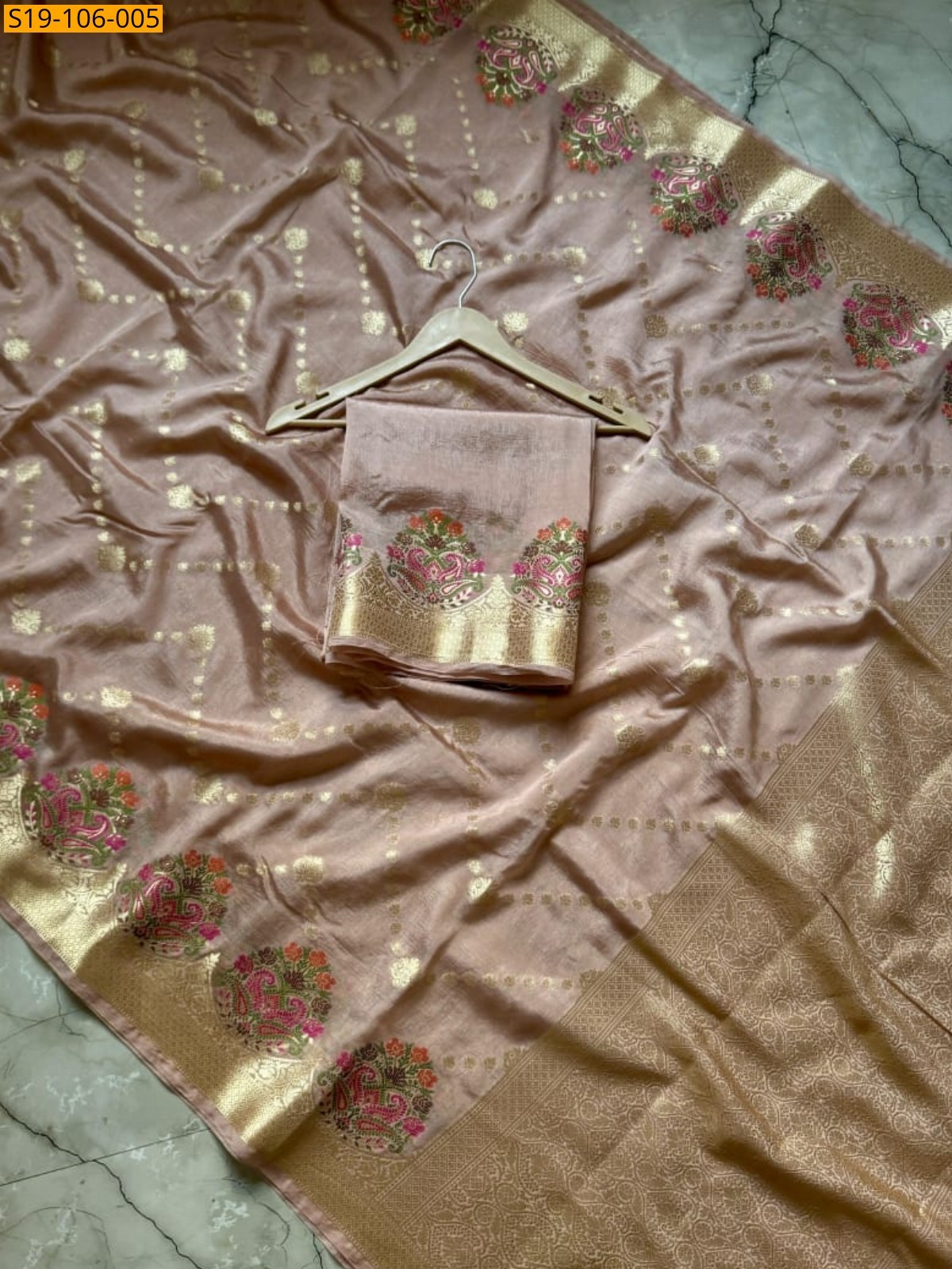 Sandal Banaras semi georgette soft silk saree