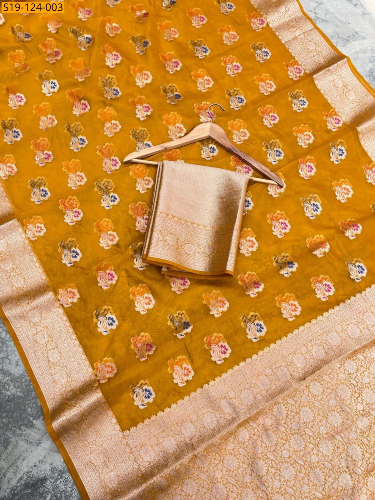 Yellow Fancy Banarsi cora organza soft silk saree