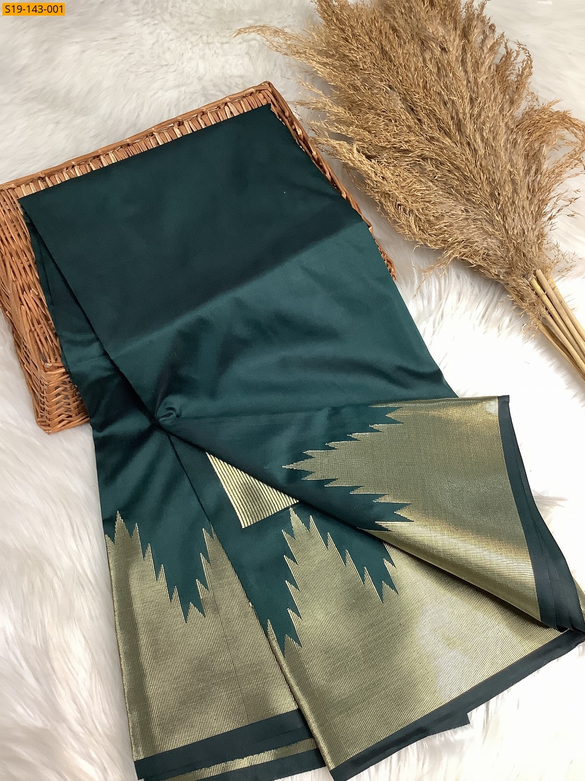 Dark Green Temple Border Soft silk Saree