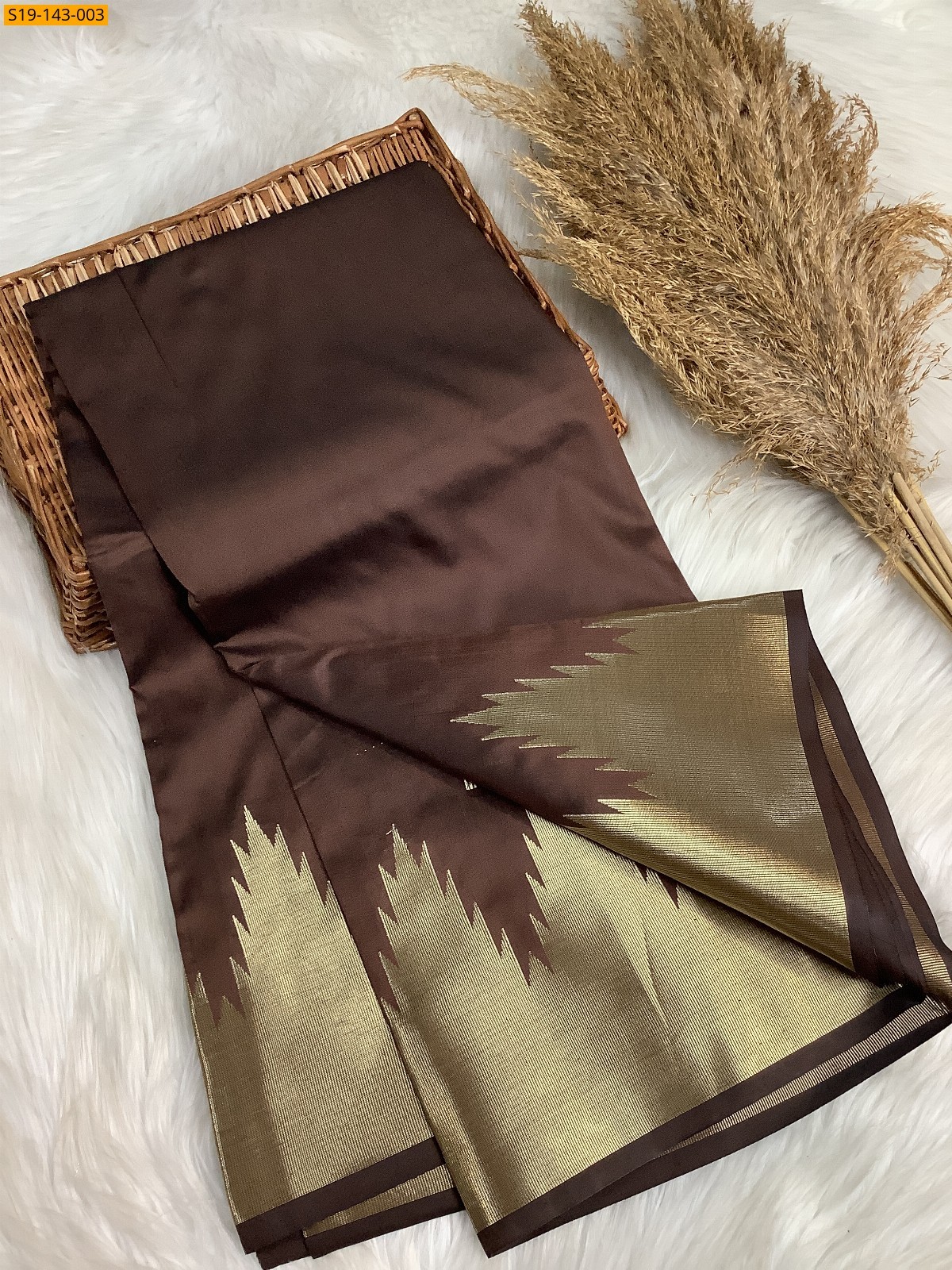 Brown Temple Border Soft silk Saree