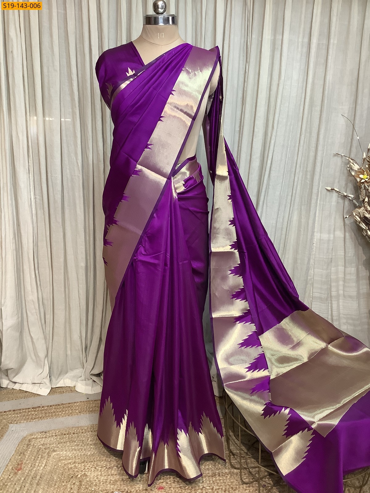 Dark Purple Temple Border Soft silk Saree
