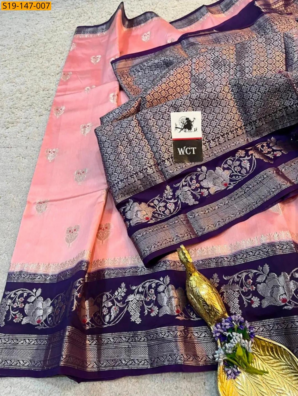 Peach Banarasi Soft Raw Mango silk saree