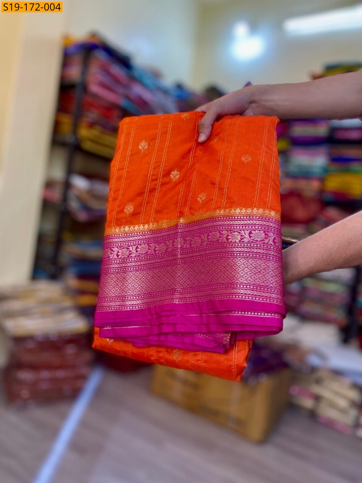 Rust Orange Banarasi Semi Chiniya Soft Silk Saree