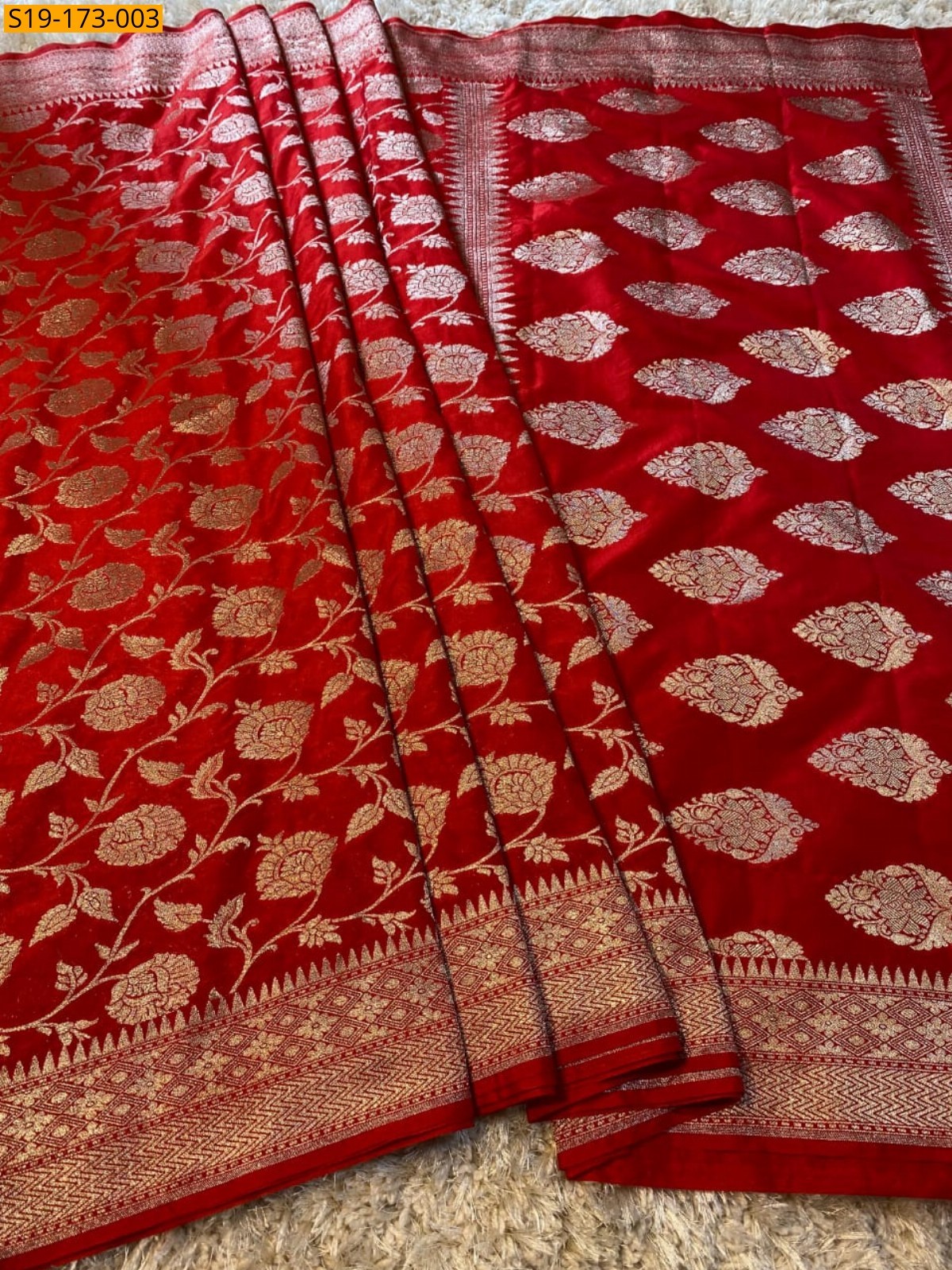 Red Banarasi Semi Katan Mashru Silk Saree