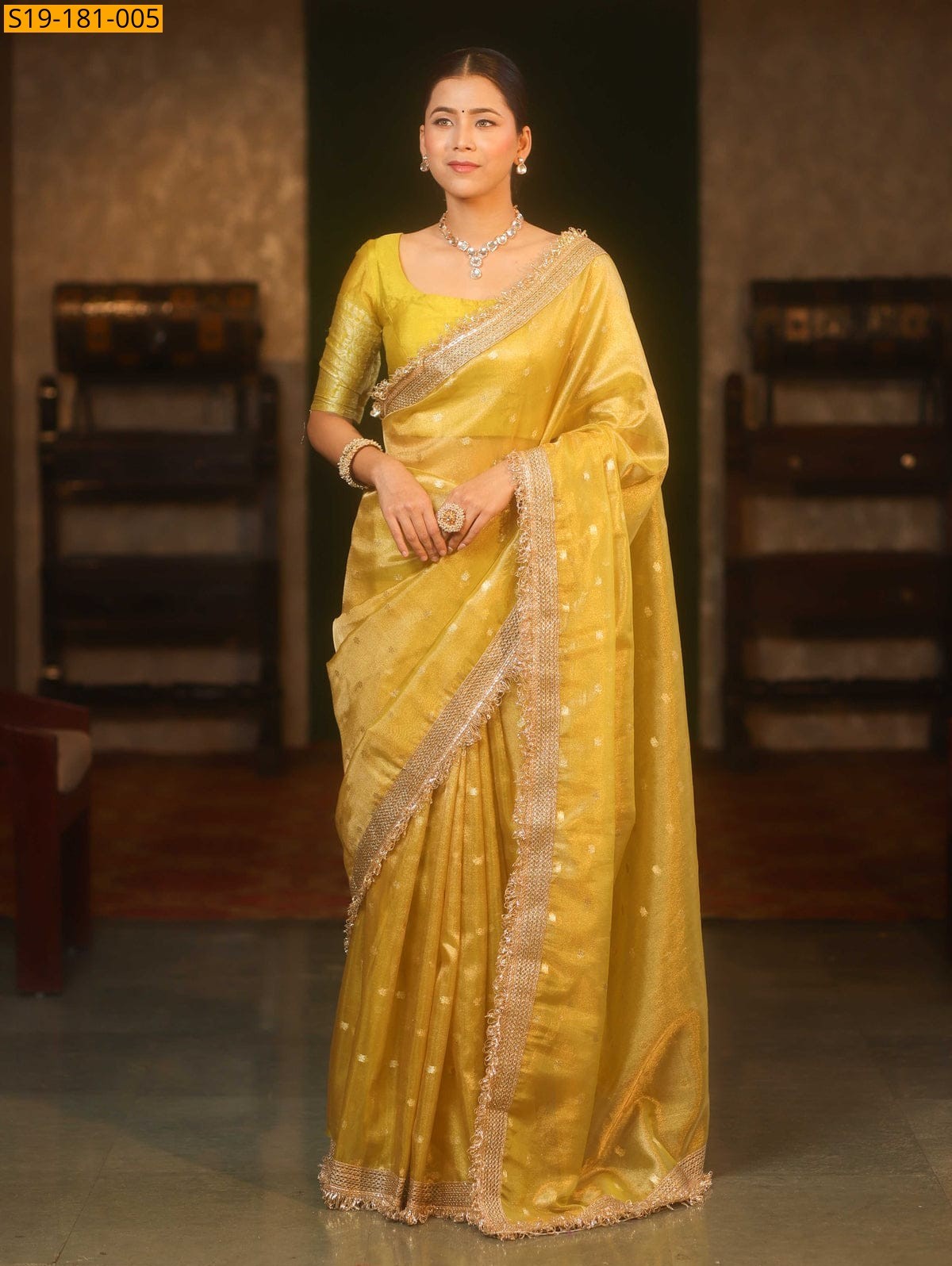 Yellow Fancy Banarasi Tissue Saree