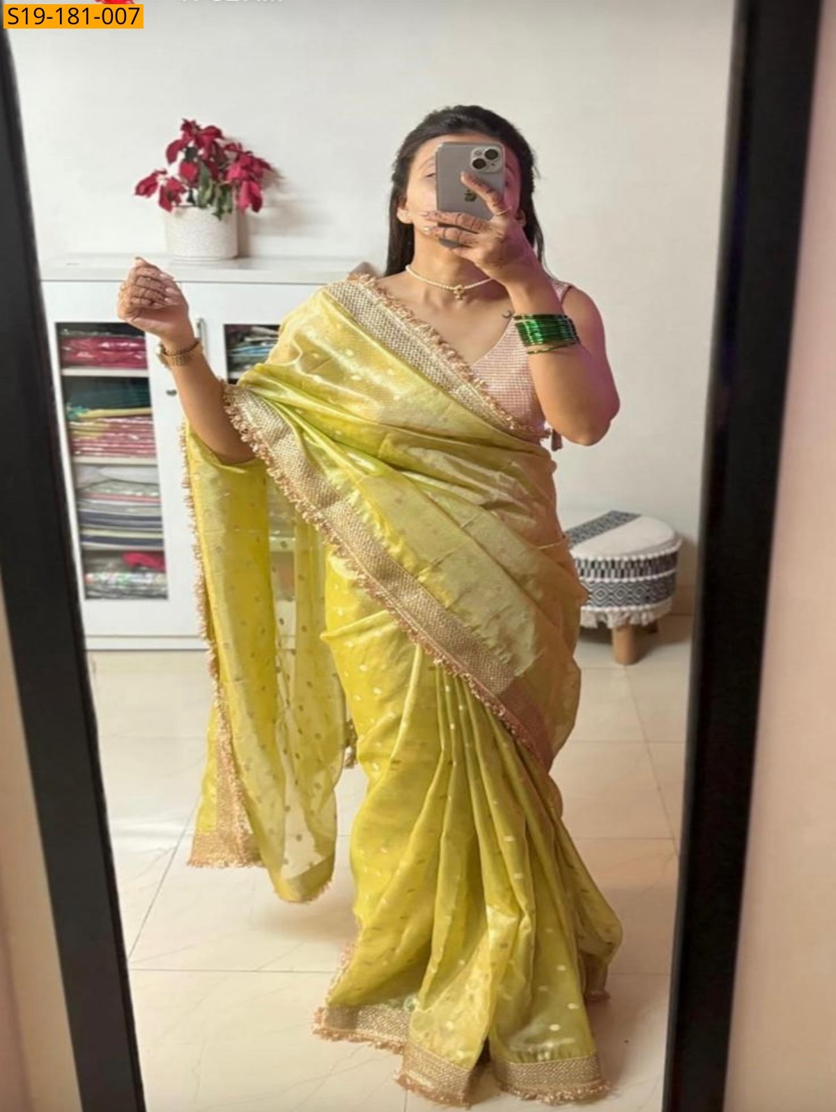 Lemon yellow Fancy Banarasi Tissue Saree