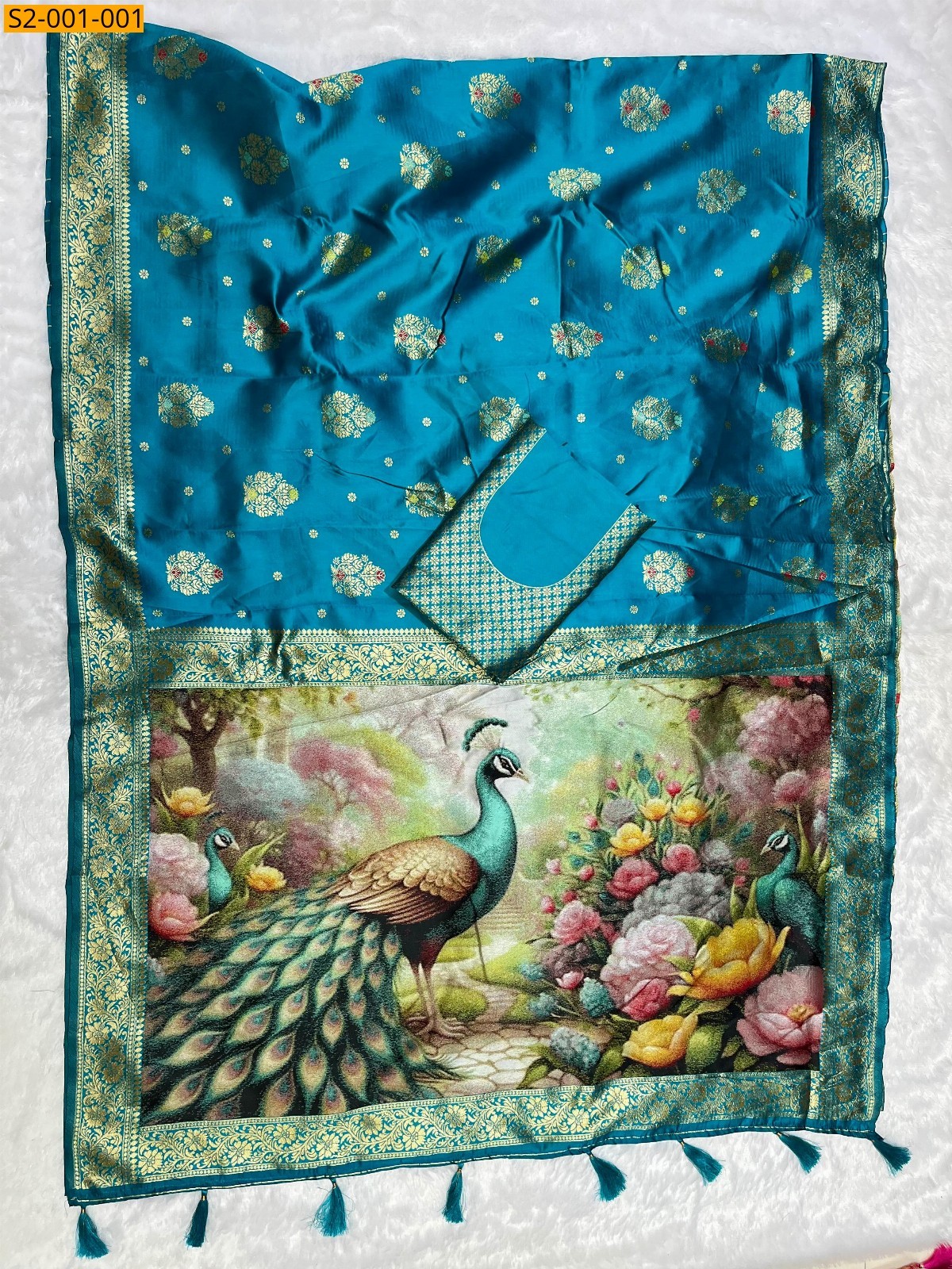 Peacock Blue Fancy satin silk sarees