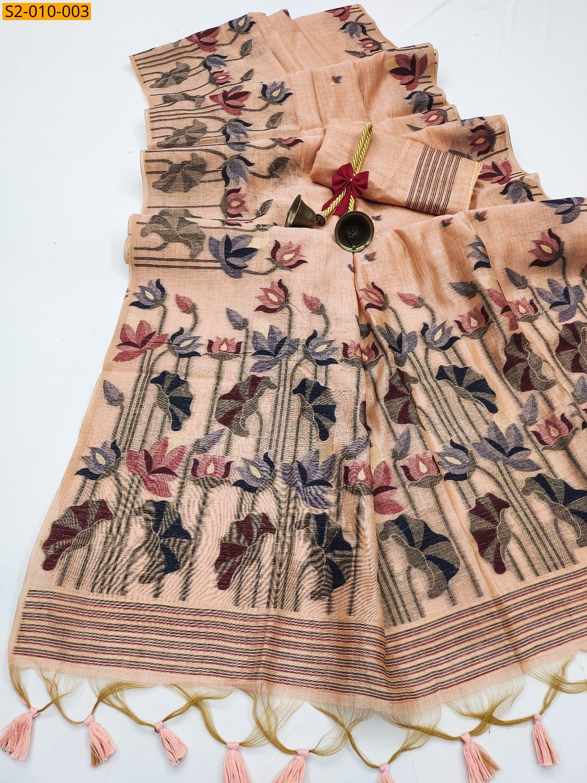 Peach Pure muga cotton sarees