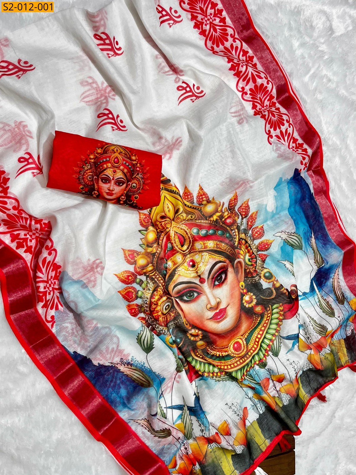 White with Red Soft linen cotton saree
