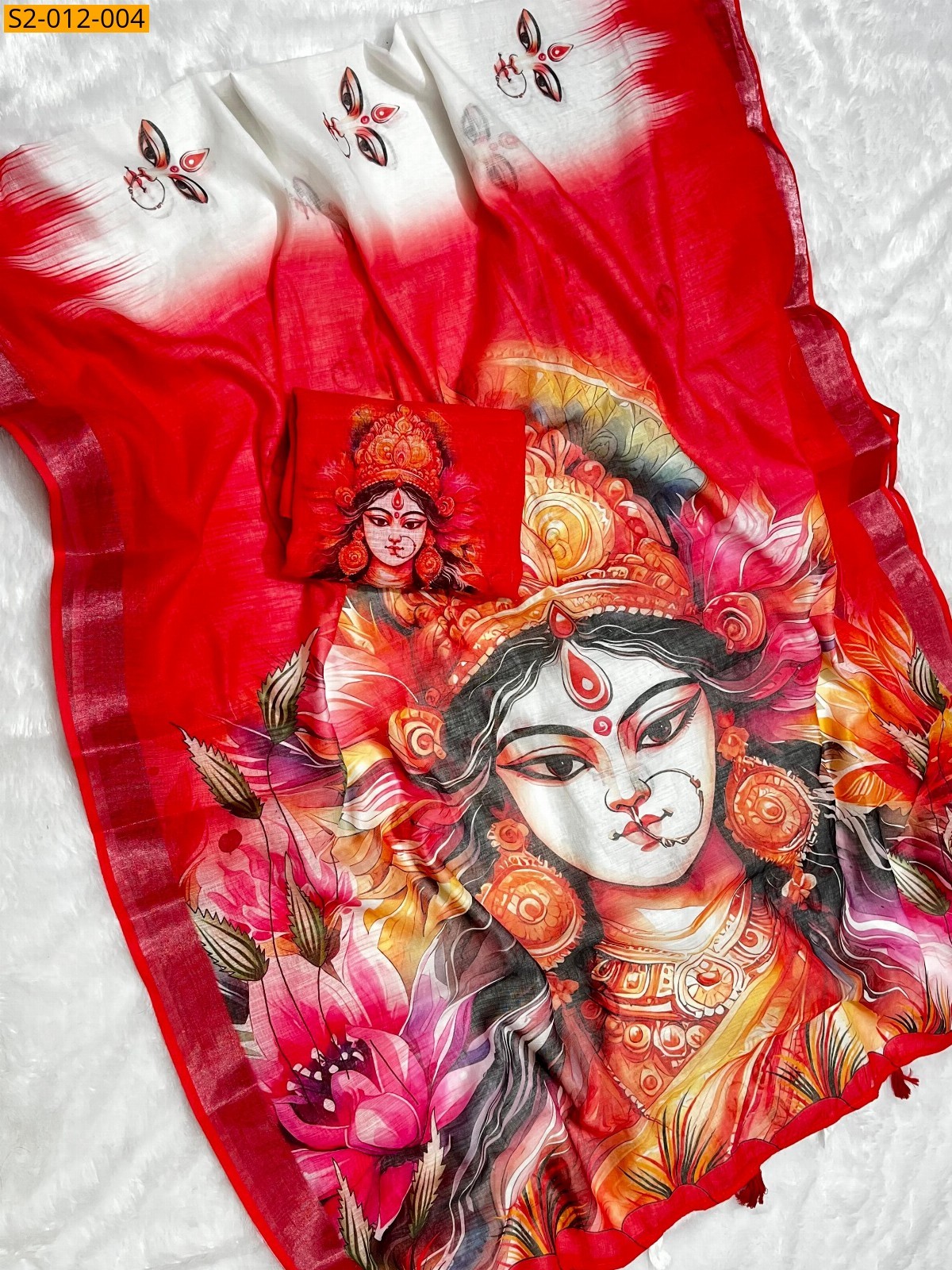 White with Red Soft linen cotton saree