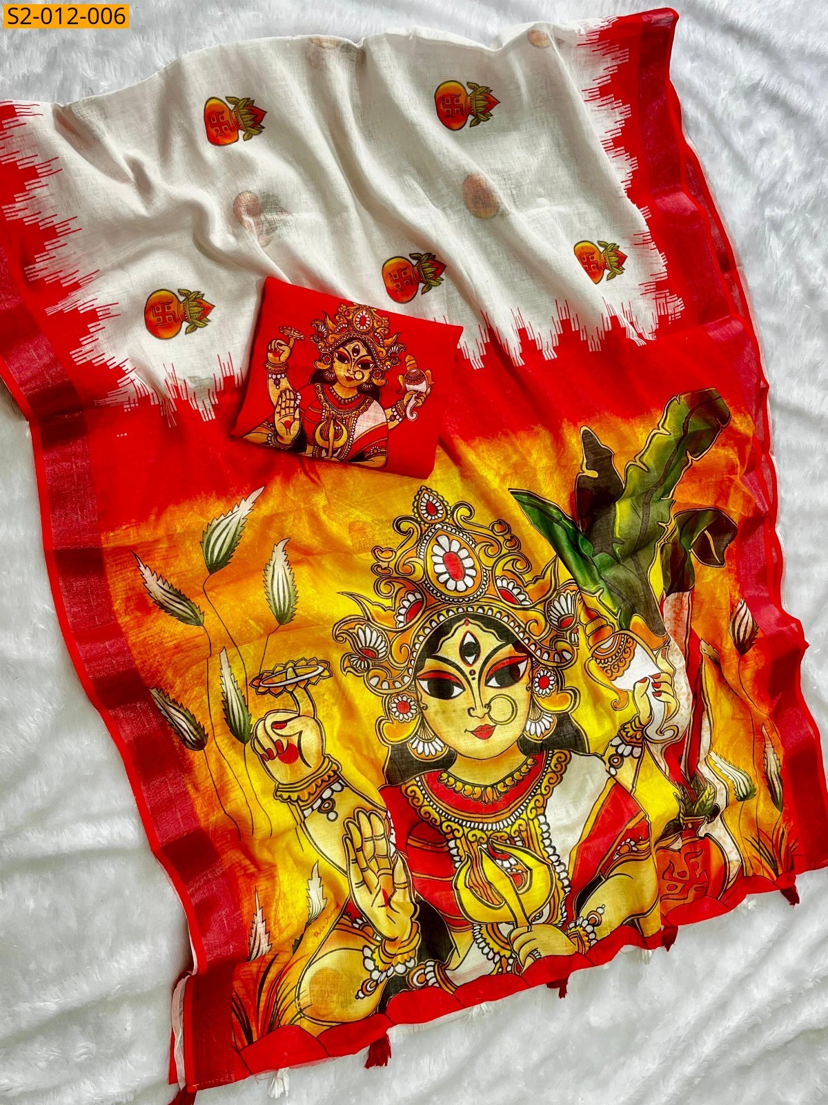 White with Red Soft linen cotton saree